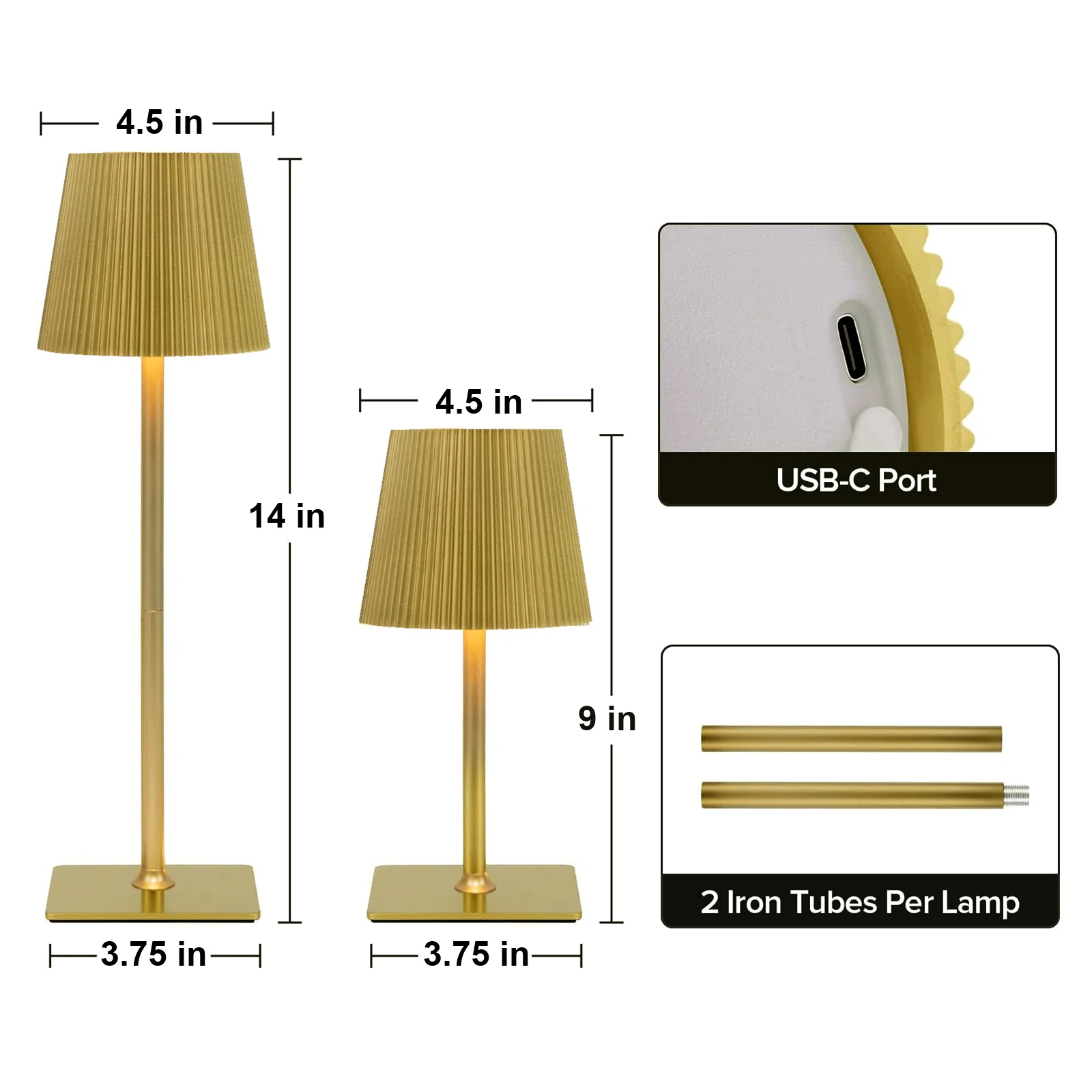Cordless LED Table Lamp, Gold Metal Heavy Duty Commercial Grade USB Rechargeable 1500mAh Touch Control Lamp, Adjustable Height 9"/14", 3 Color Modes, Dimmable, Ribbed Shade - Image 3
