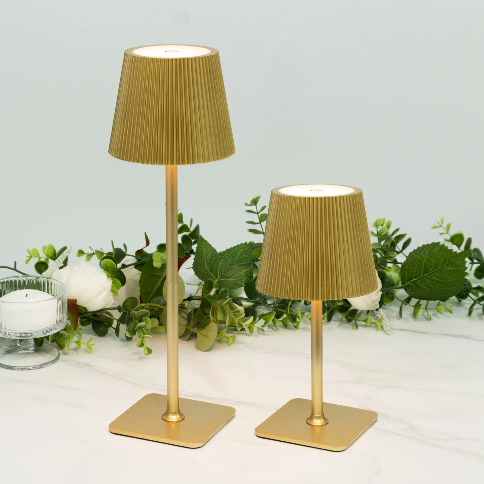 Cordless LED Table Lamp, Gold Metal Heavy Duty Commercial Grade USB Rechargeable 1500mAh Touch Control Lamp, Adjustable Height 9"/14", 3 Color Modes, Dimmable, Ribbed Shade - Image 7