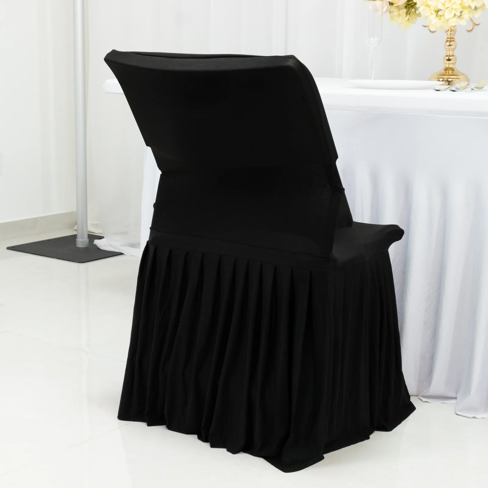Black Spandex Pleated Lifetime Folding Chair Cover – Stretch Slipcover with Floor-Length Skirt, Also Fits Standard Chairs - Image 2