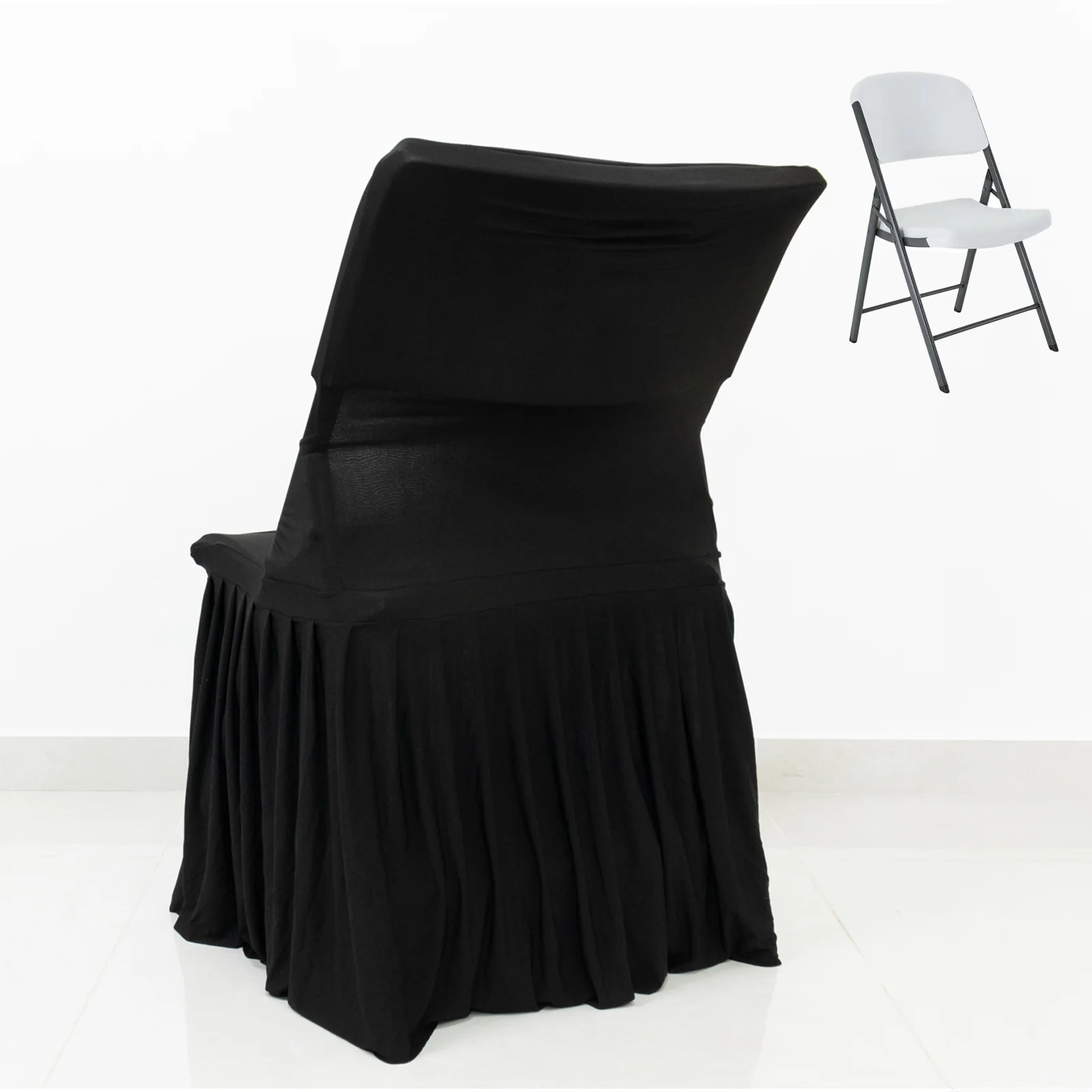 Black Spandex Pleated Lifetime Folding Chair Cover – Stretch Slipcover with Floor-Length Skirt, Also Fits Standard Chairs - Image 3