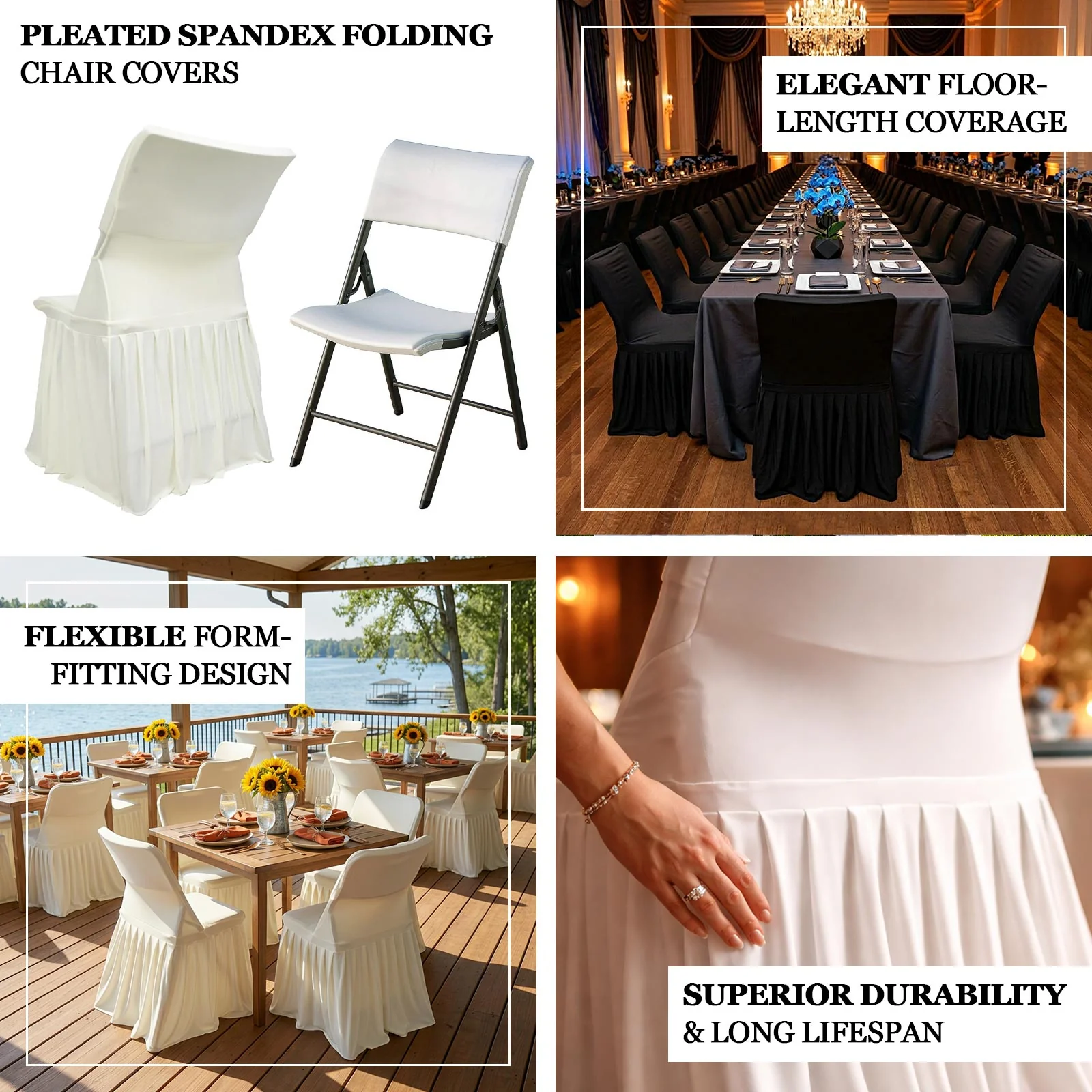 Black Spandex Pleated Lifetime Folding Chair Cover – Stretch Slipcover with Floor-Length Skirt, Also Fits Standard Chairs - Image 4