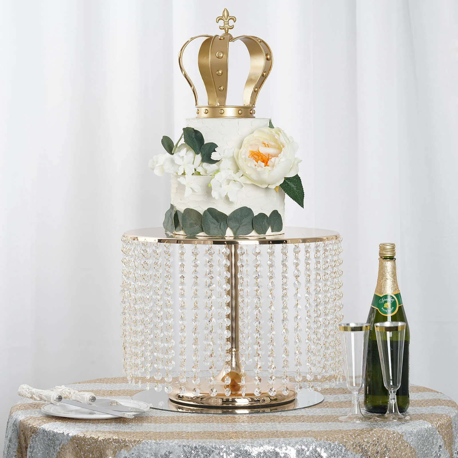 Metal Cake Stand Round Design Metallic Gold with Crystal Chains 14" Dia - Cupcake Dessert Pedestal 12" Tall - Image 2
