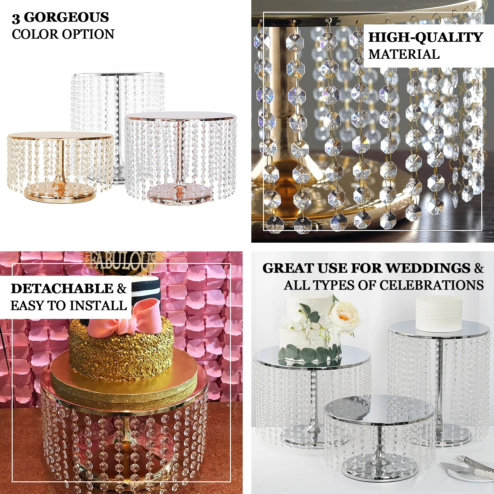 Metal Cake Stand Round Design Metallic Gold with Crystal Chains 14" Dia - Cupcake Dessert Pedestal 12" Tall - Image 4