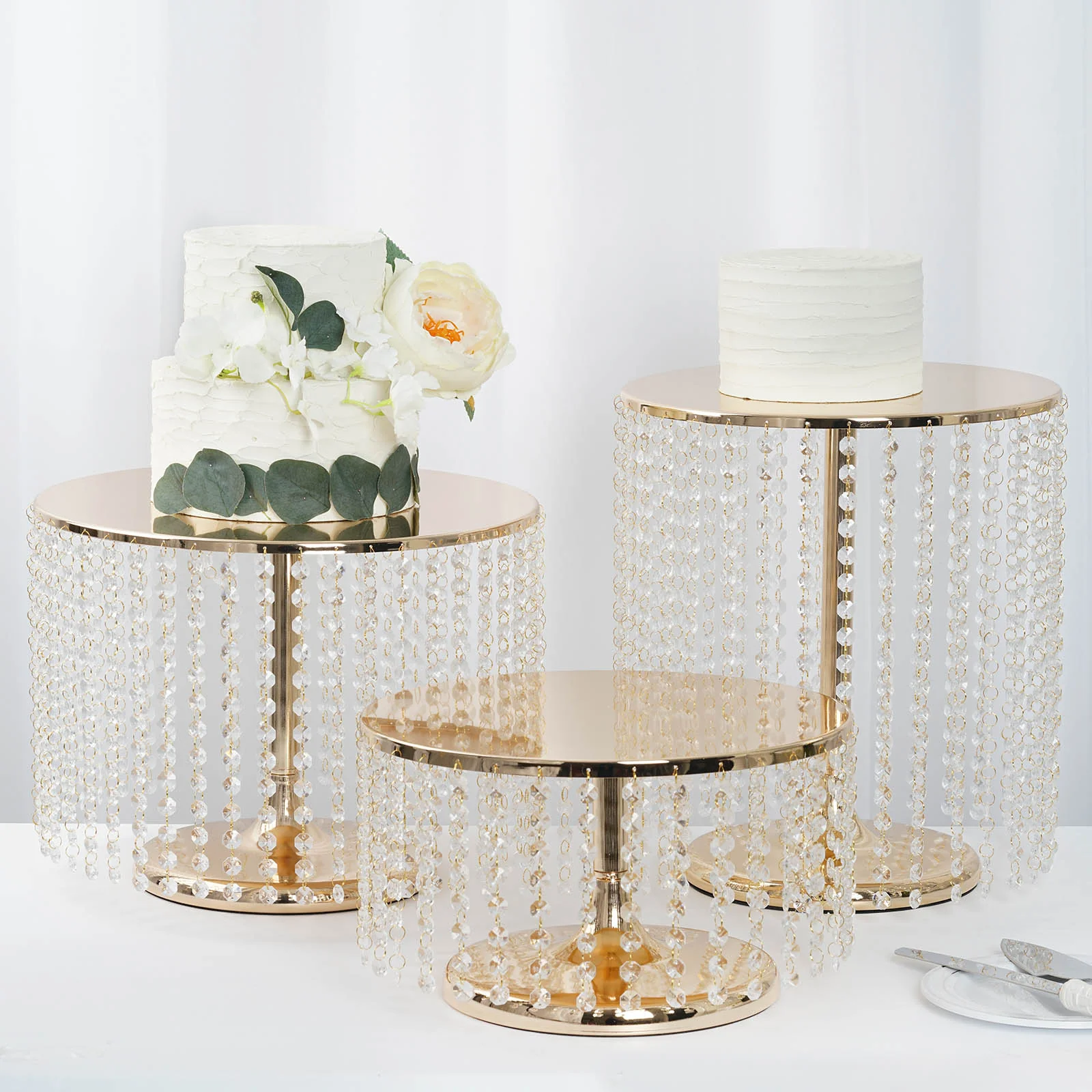 Metal Cake Stand Round Design Metallic Gold with Crystal Chains 14" Dia - Cupcake Dessert Pedestal 12" Tall - Image 6
