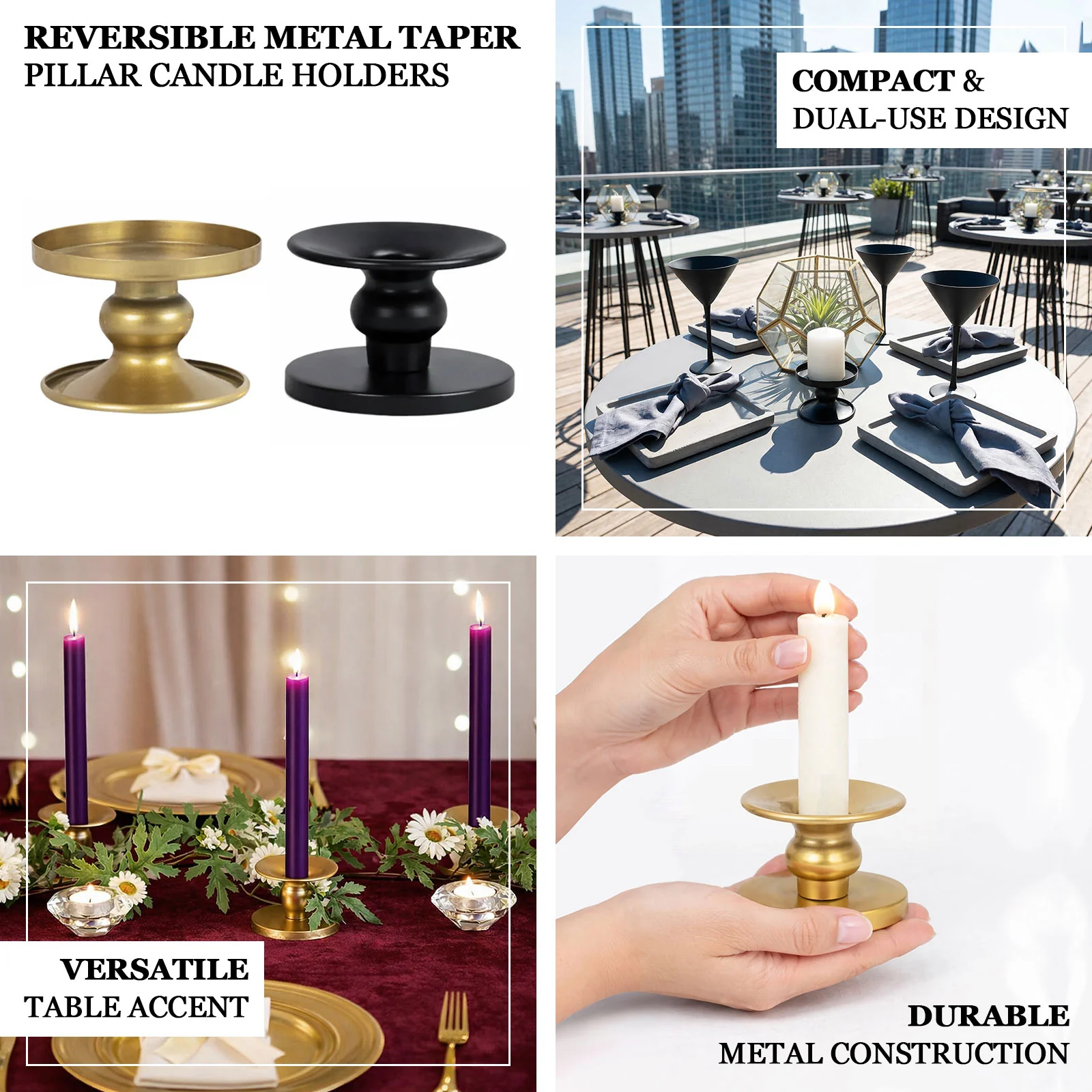 6 Pack 2" Gold Metal Candle Holders, Reversible Pillar & Taper Candlestick Stands - Image 4