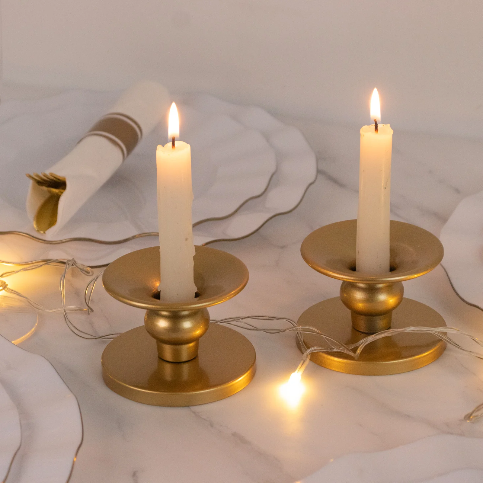 6 Pack 2" Gold Metal Candle Holders, Reversible Pillar & Taper Candlestick Stands - Image 9