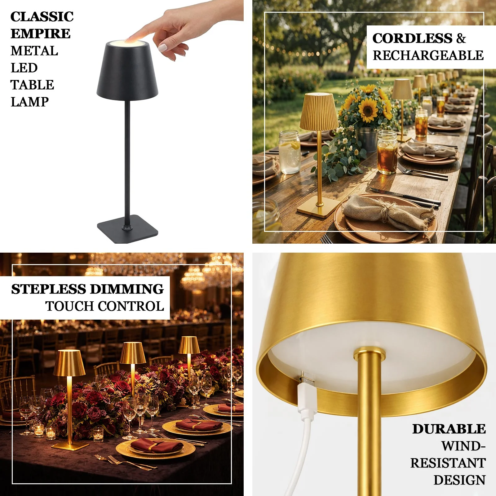 15" Heavy Duty Black Metal LED Table Lamp with Classic Empire Lampshade – Commercial Grade Cordless Rechargeable Desk Lamp, 3 Color Modes, Stepless Dimming, Touch Control - Image 4
