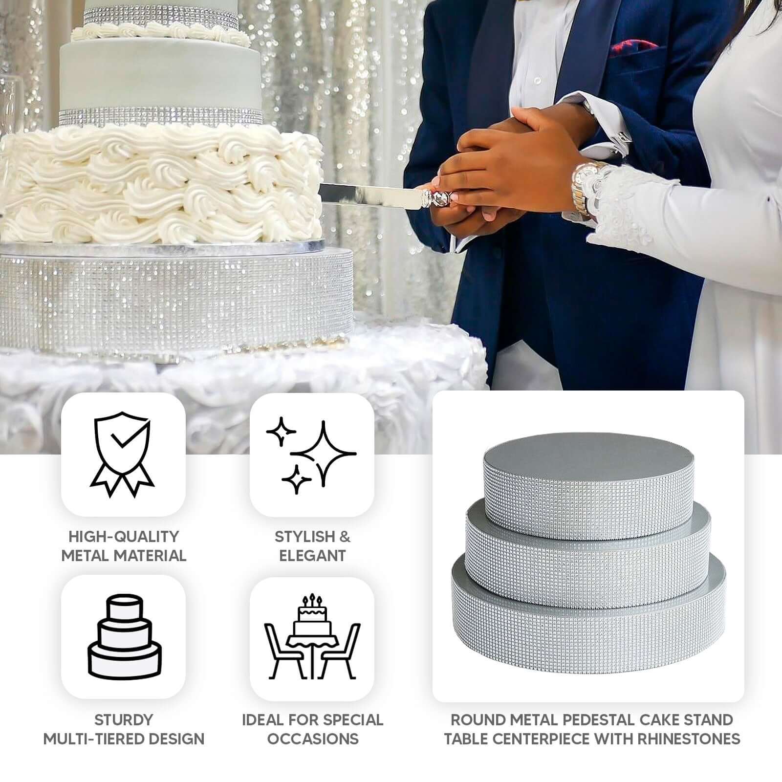 Metal Pedestal Cake Stand Round Design with Rhinestones Silver - Cupcake Holder and Dessert Table Centerpiece 12" - Image 4
