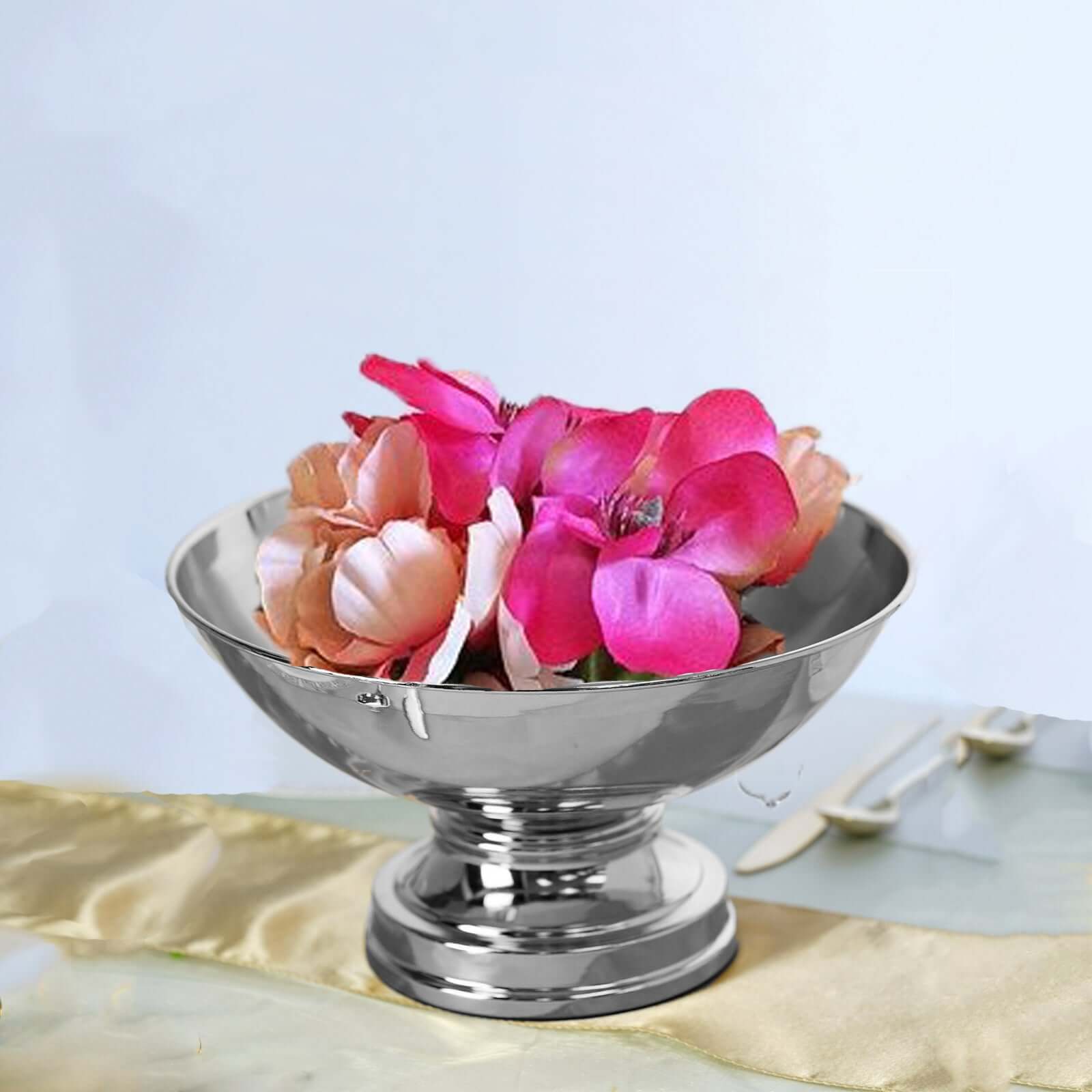 Metal Pedestal Flower Pot Round Design Metallic Silver - Floating Candle Bowl and Display Dish 12" - Image 2