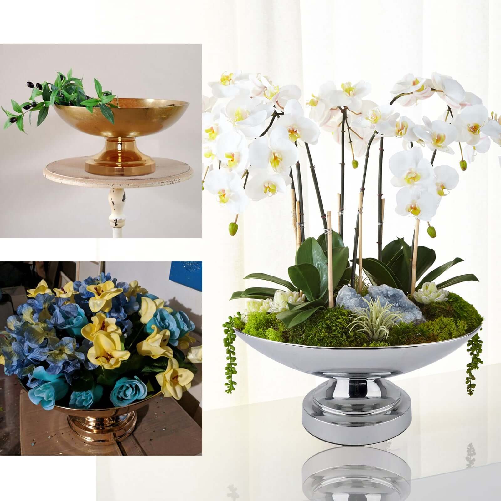 Metal Pedestal Flower Pot Round Design Metallic Silver - Floating Candle Bowl and Display Dish 12" - Image 5