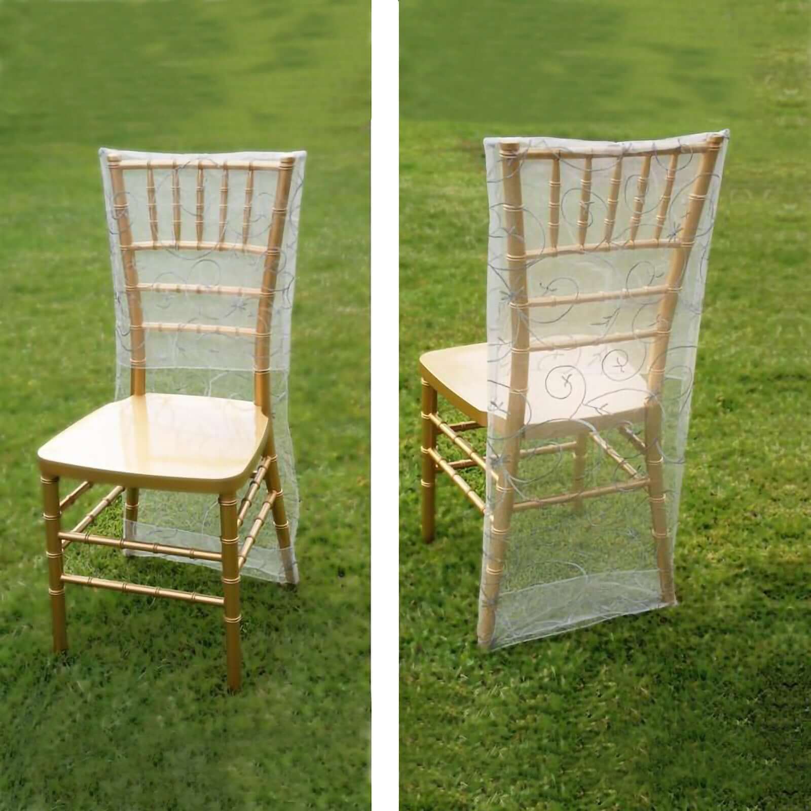 Organza Chair Slipcover with Satin Embroidery for Chiavari Chairs Silver - Chair Back Cover - Image 2