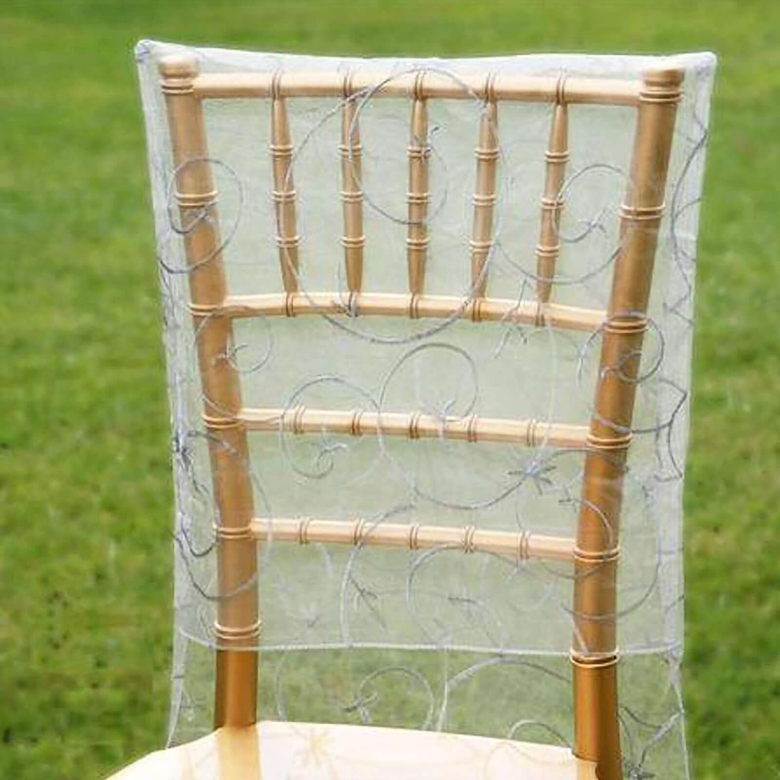 Organza Chair Slipcover with Satin Embroidery for Chiavari Chairs Silver - Chair Back Cover - Image 3