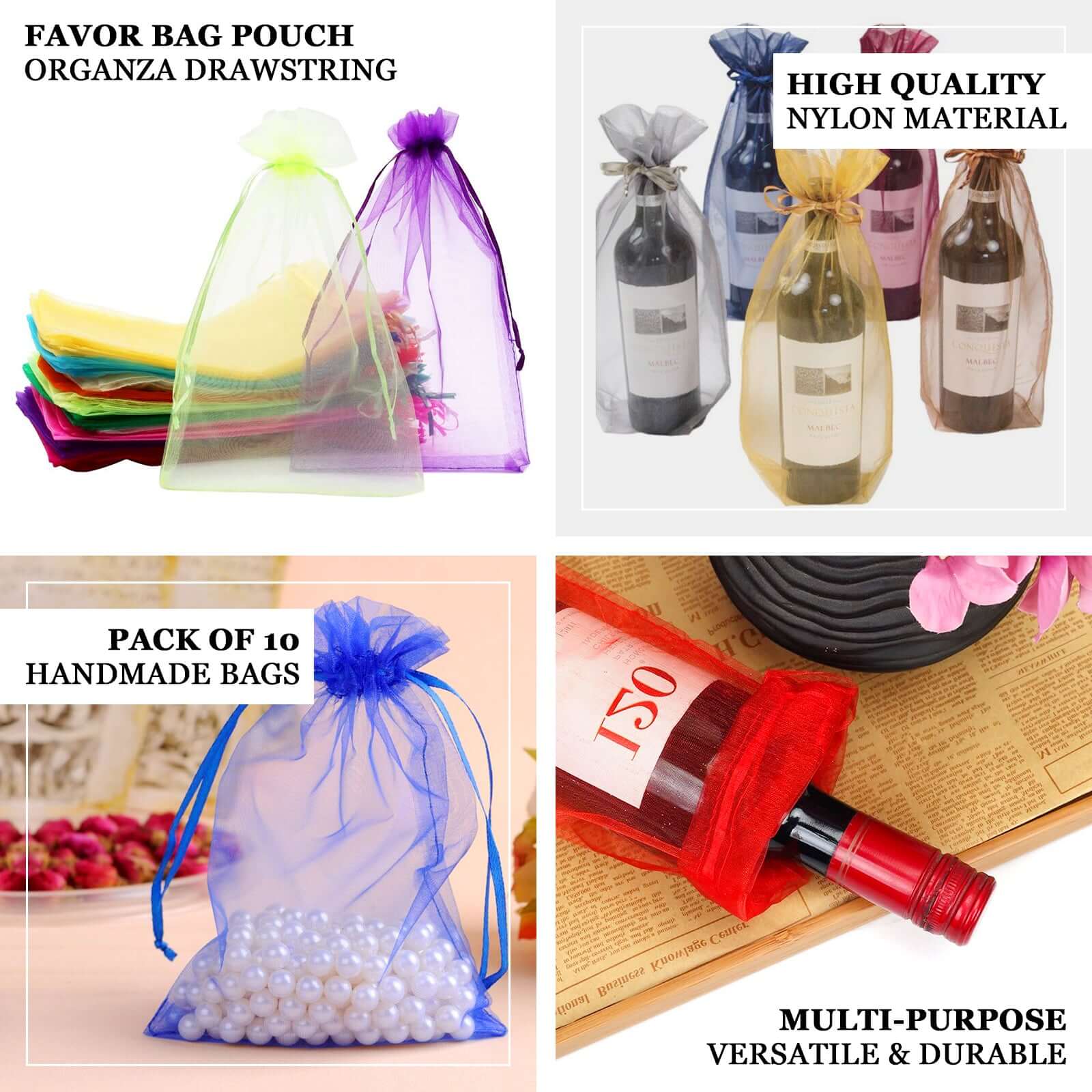 100 Pack Silver Organza Wine Gift Bags with Drawstring, 6" x 15" – Wedding Party Bottle Favor Bags - Image 4