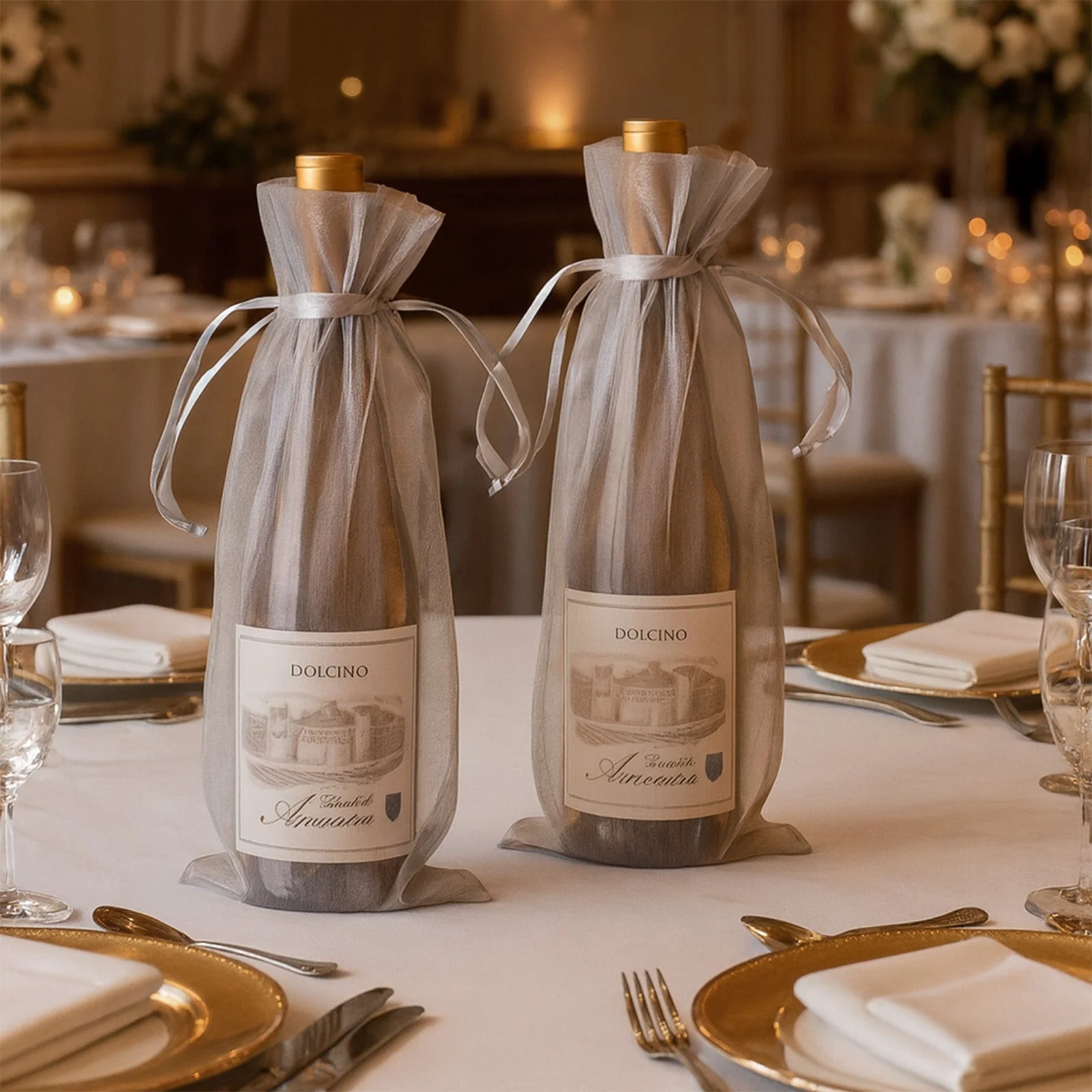 100 Pack Silver Organza Wine Gift Bags with Drawstring, 6" x 15" – Wedding Party Bottle Favor Bags - Image 5