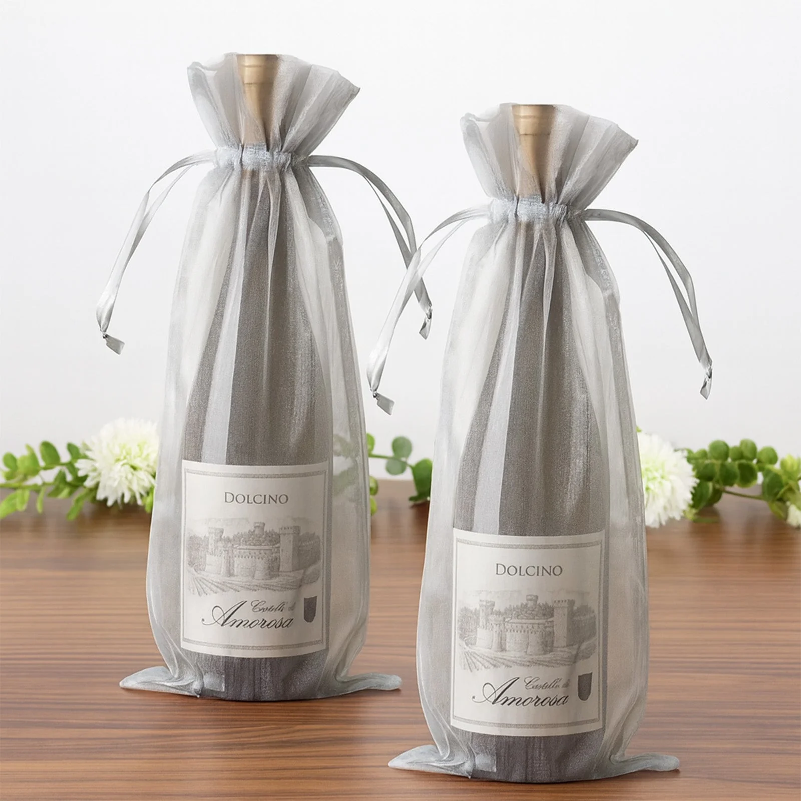100 Pack Silver Organza Wine Gift Bags with Drawstring, 6" x 15" – Wedding Party Bottle Favor Bags - Image 6