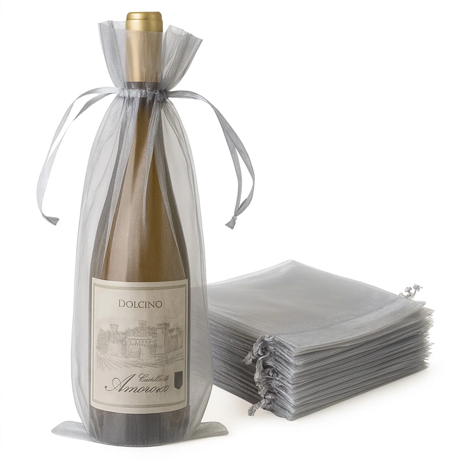 100 Pack Silver Organza Wine Gift Bags with Drawstring, 6" x 15" – Wedding Party Bottle Favor Bags - Image 7