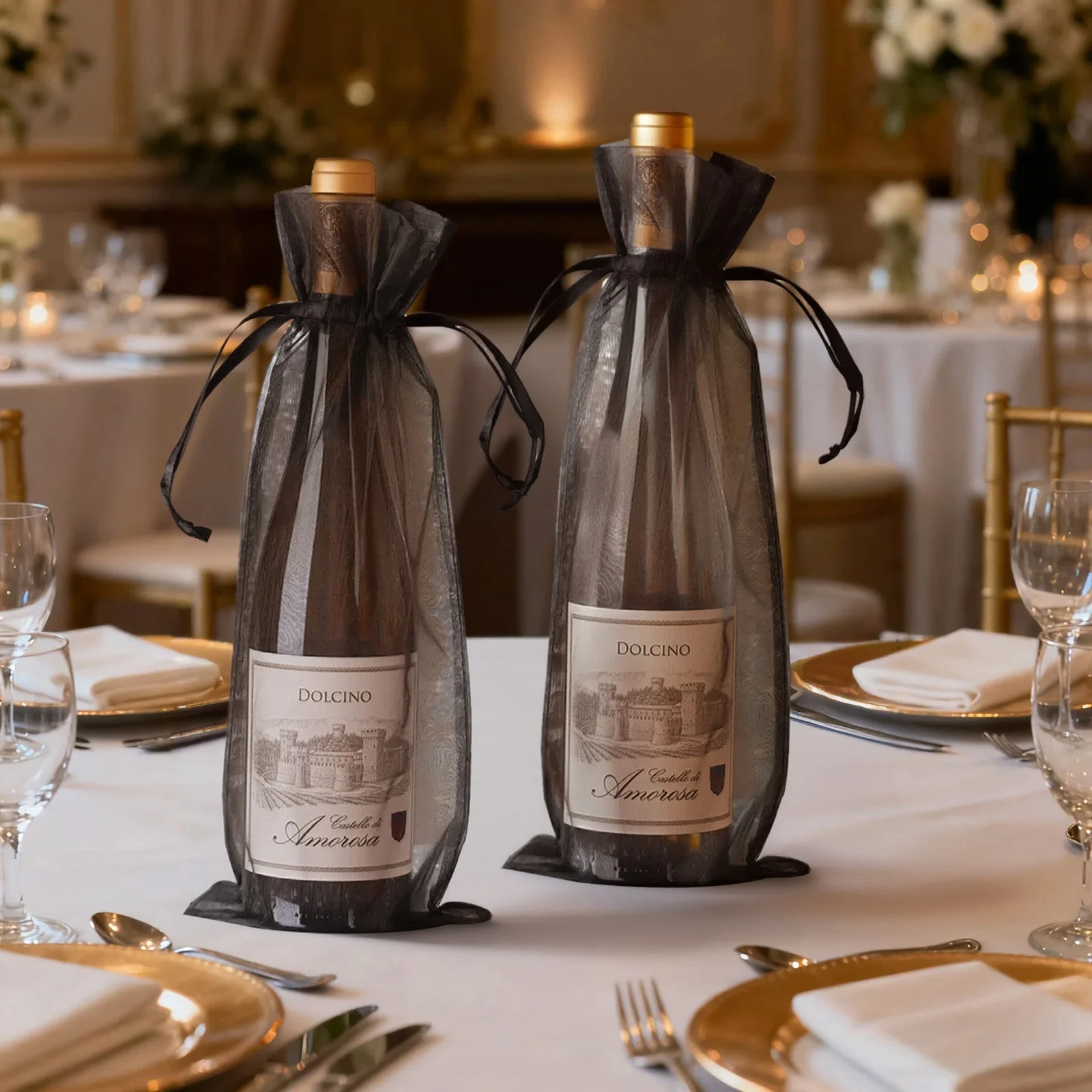100 Pack Black Organza Wine Gift Bags with Drawstring, 6" x 15" – Wedding Party Bottle Favor Bags - Image 6