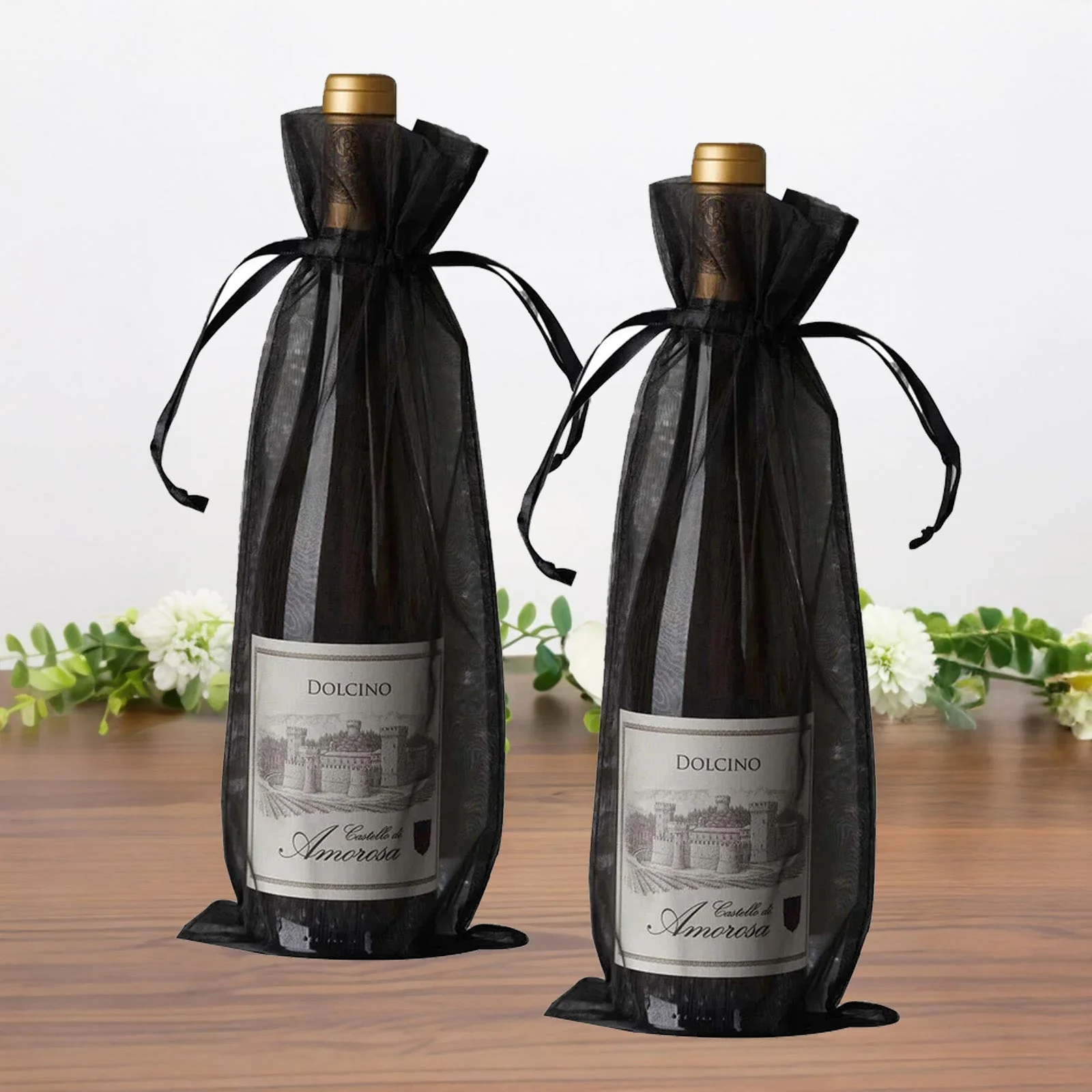 100 Pack Black Organza Wine Gift Bags with Drawstring, 6" x 15" – Wedding Party Bottle Favor Bags - Image 7