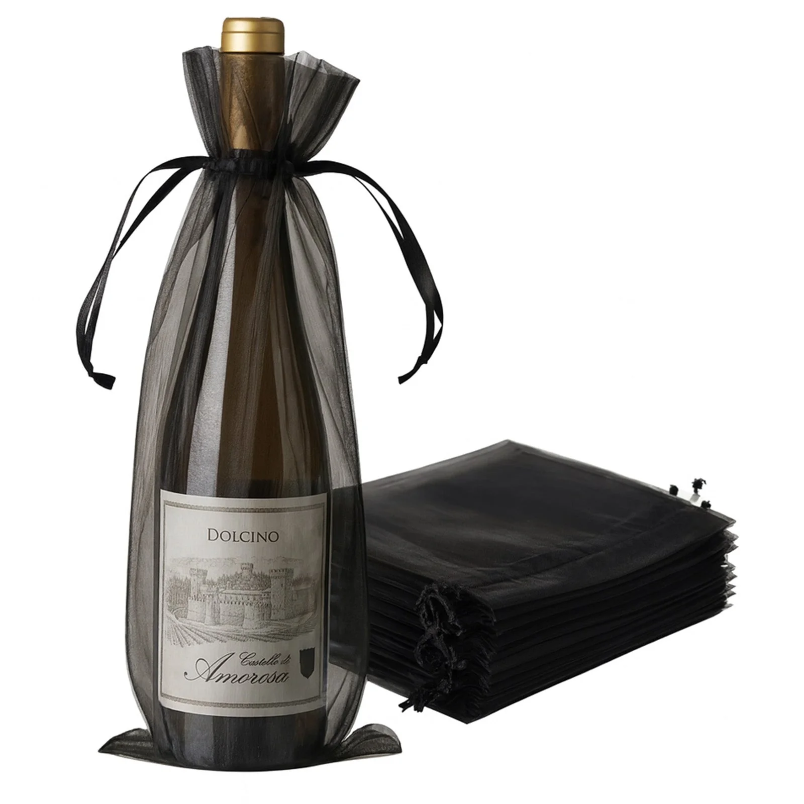 100 Pack Black Organza Wine Gift Bags with Drawstring, 6" x 15" – Wedding Party Bottle Favor Bags - Image 8