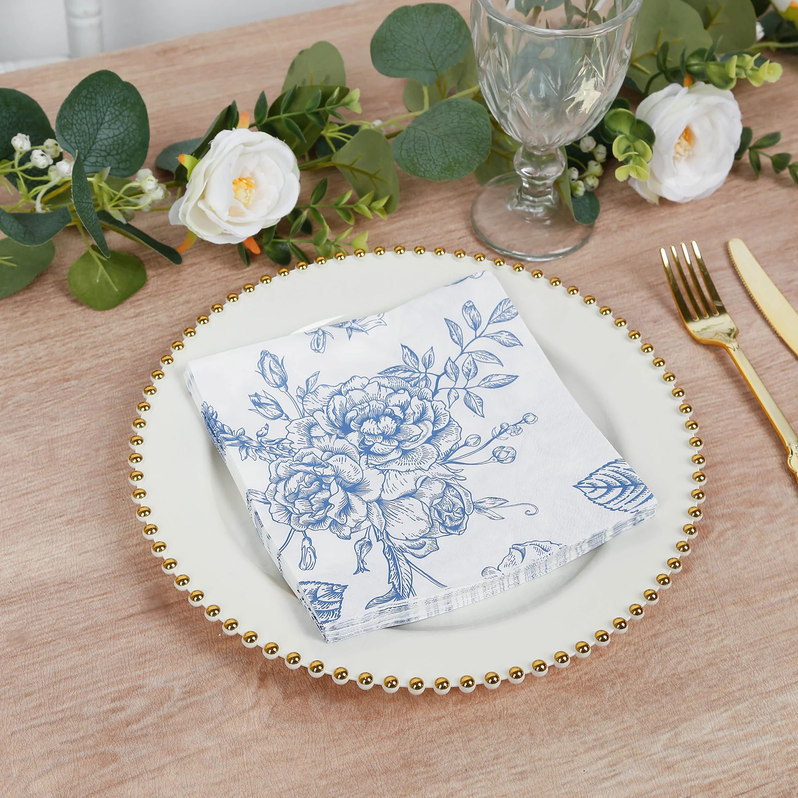 50 Pack 2-Ply Paper Beverage Napkins in Matte Blue and White French Toile Floral Pattern, Highly Absorbent Soft Disposable Cocktail Napkins - Image 2