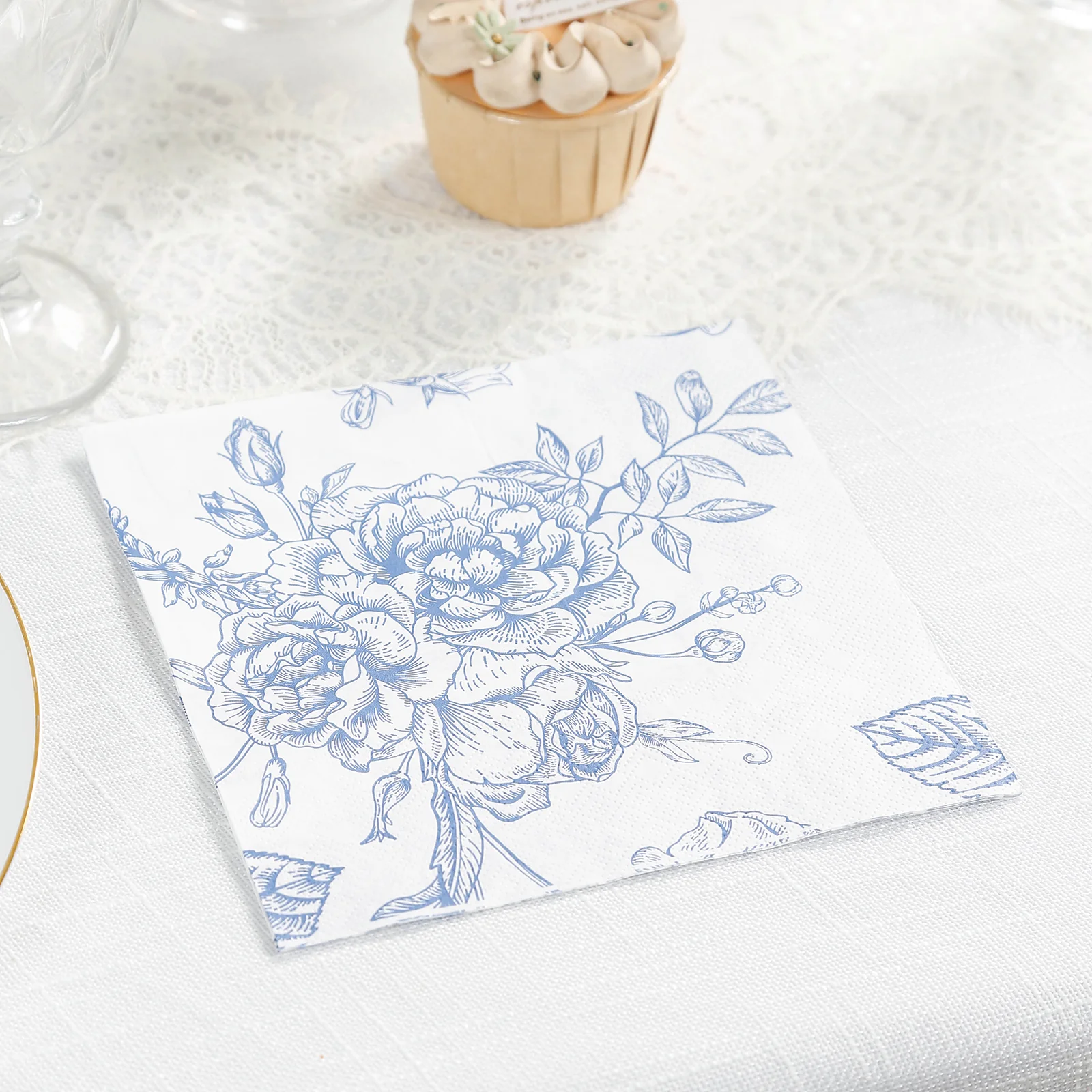 50 Pack 2-Ply Paper Beverage Napkins in Matte Blue and White French Toile Floral Pattern, Highly Absorbent Soft Disposable Cocktail Napkins - Image 9