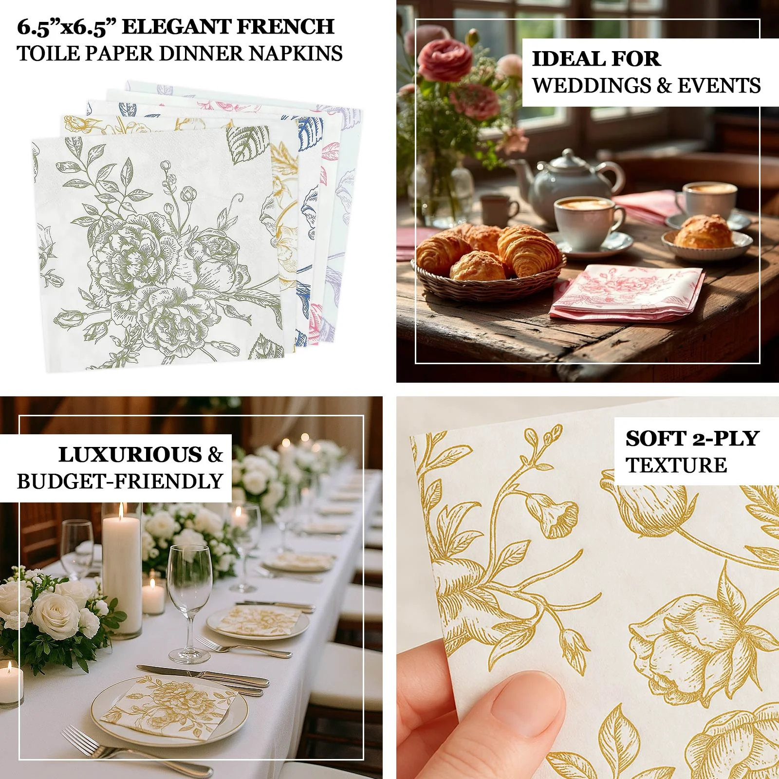 50 Pack 2-Ply Paper Beverage Napkins in Matte Sage Green and White French Toile Floral Pattern, Highly Absorbent Soft Disposable Cocktail Napkins - Image 4