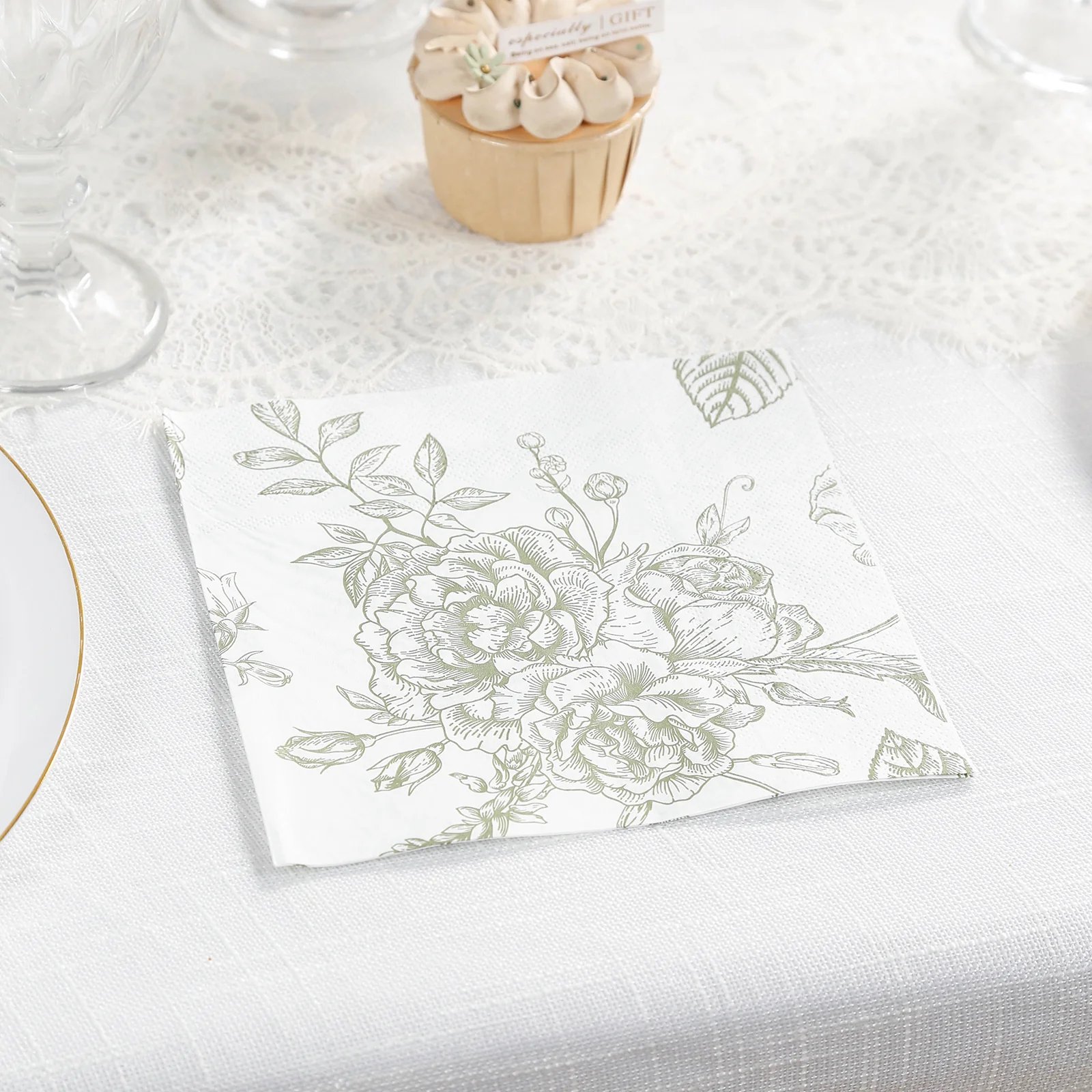 50 Pack 2-Ply Paper Beverage Napkins in Matte Sage Green and White French Toile Floral Pattern, Highly Absorbent Soft Disposable Cocktail Napkins - Image 9