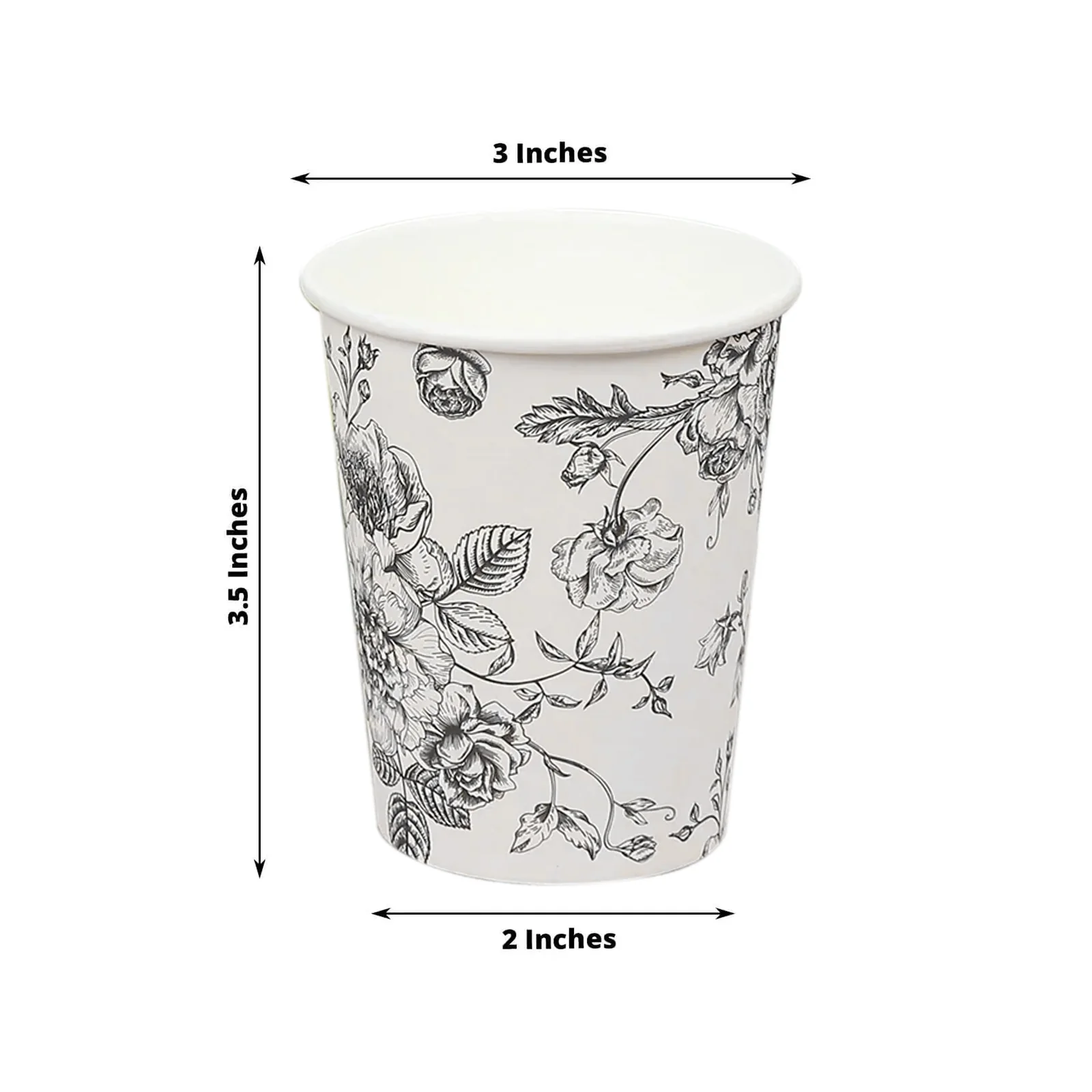 50-Pack Paper Cups in White with Black French Toile Print - Stylish Disposable Floral Party Cups for Weddings & All Purpose Use 9oz - Image 3