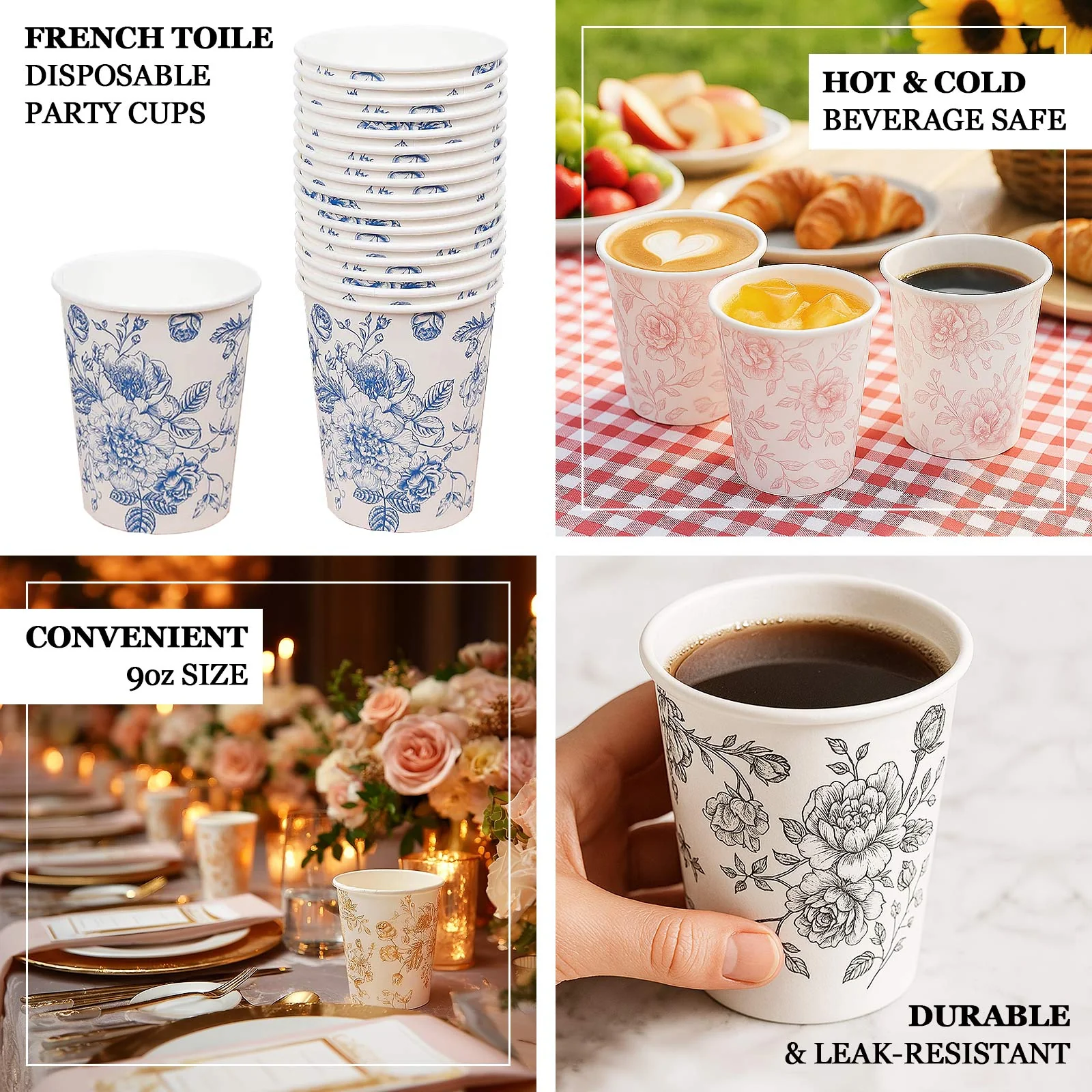 50-Pack Paper Cups in White with Black French Toile Print - Stylish Disposable Floral Party Cups for Weddings & All Purpose Use 9oz - Image 4