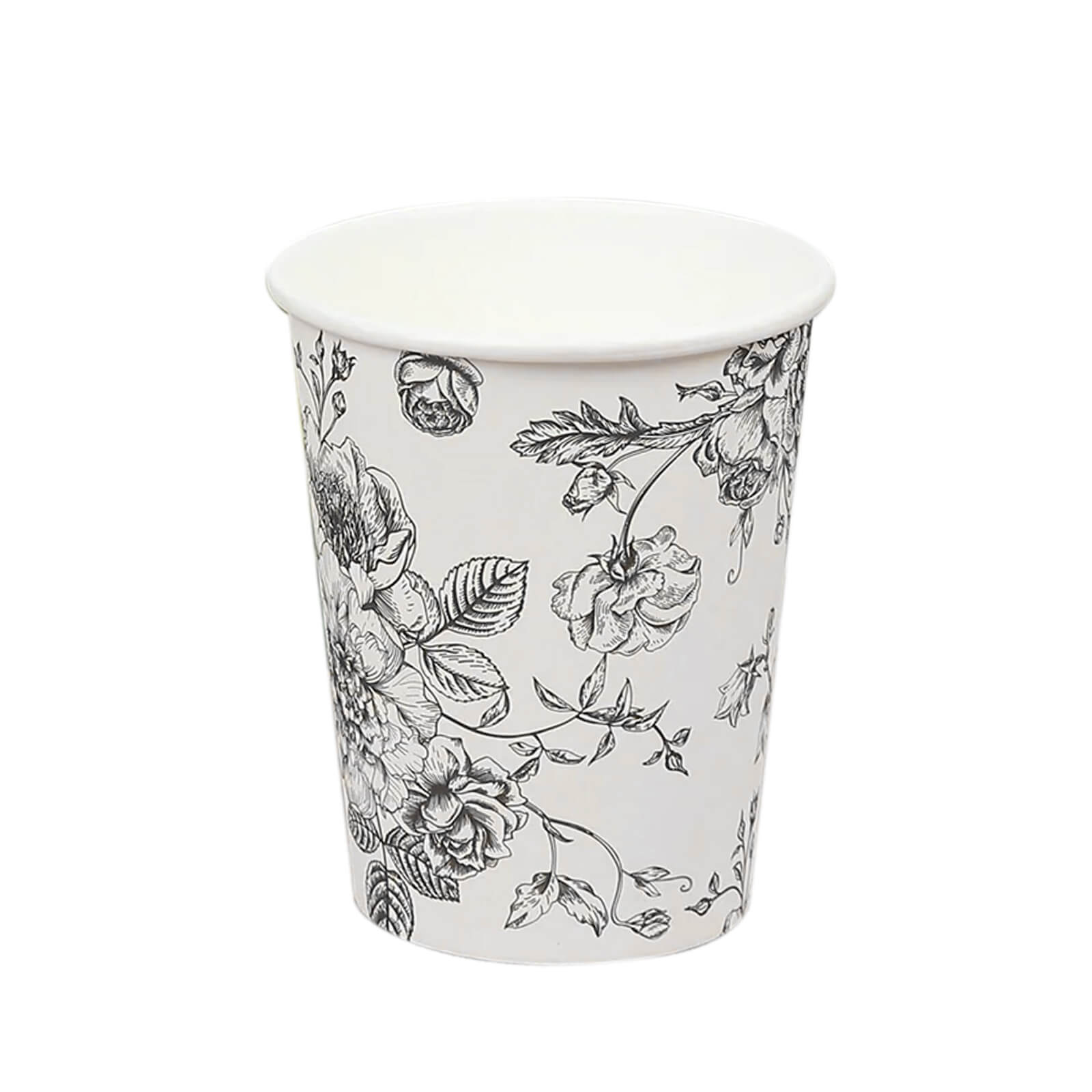 50-Pack Paper Cups in White with Black French Toile Print - Stylish Disposable Floral Party Cups for Weddings & All Purpose Use 9oz - Image 7