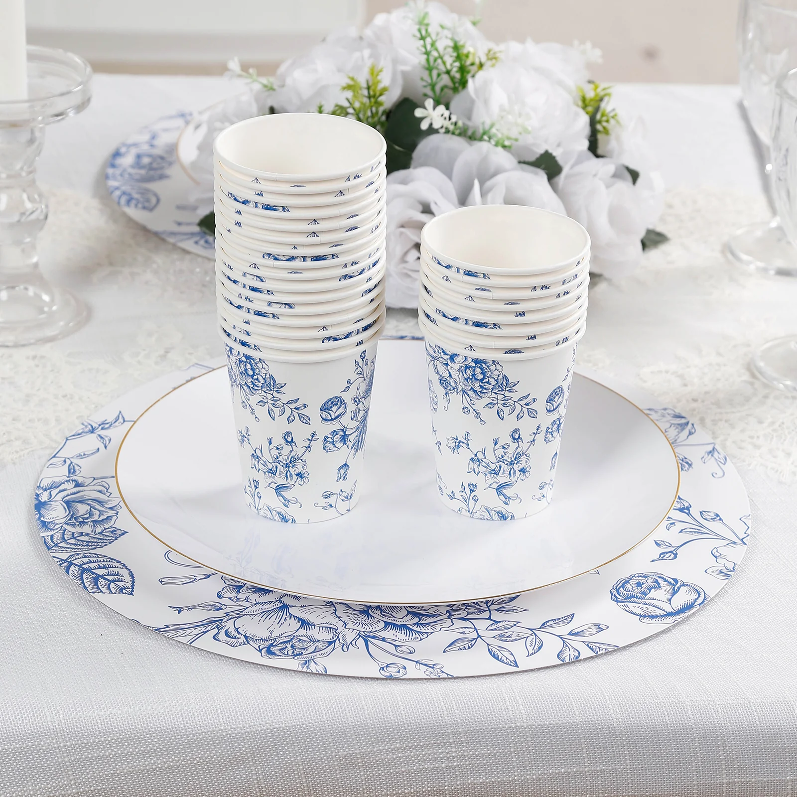 50-Pack Paper Cups in White with Blue French Toile Print - Stylish Disposable Floral Party Cups for Weddings & All Purpose Use 9oz - Image 2
