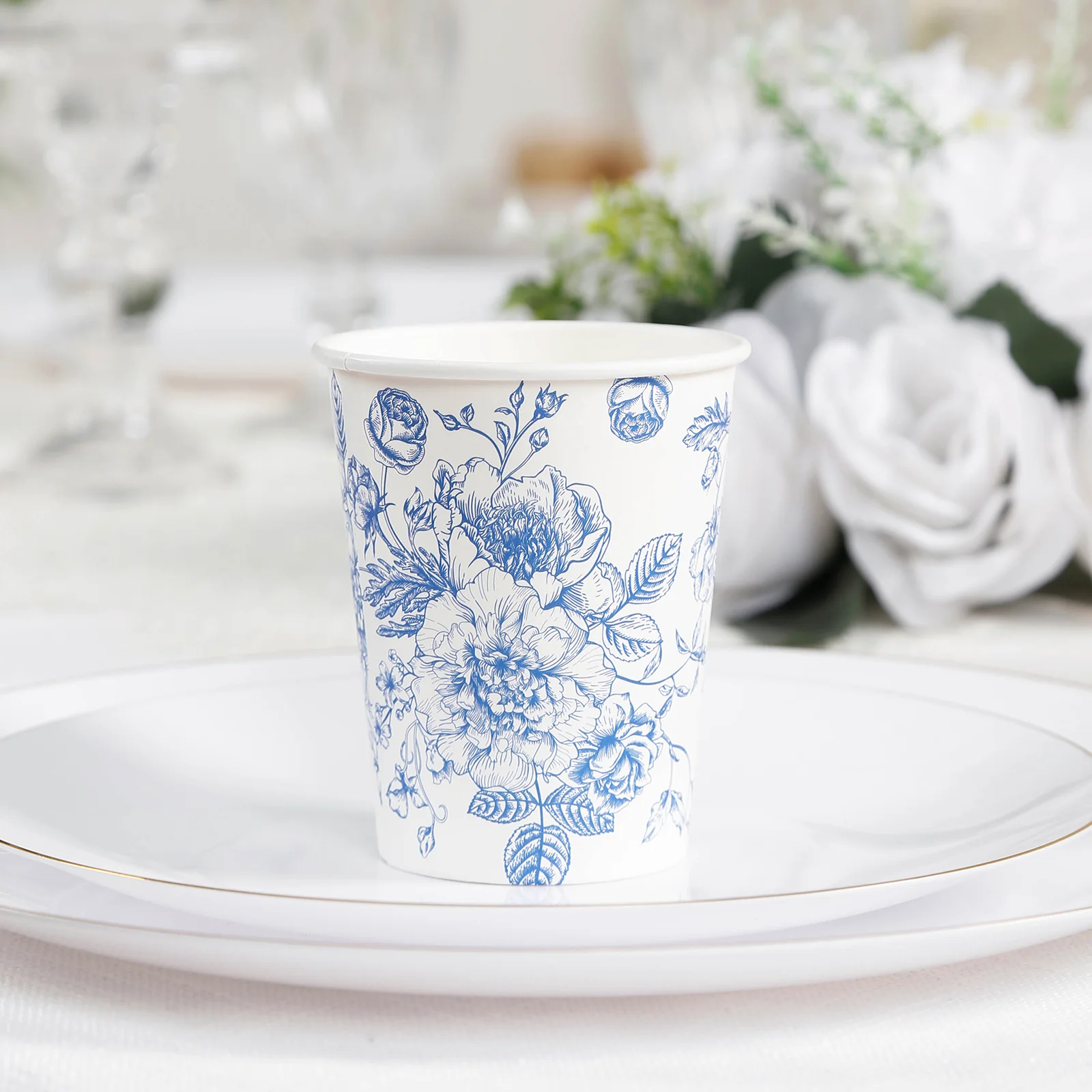50-Pack Paper Cups in White with Blue French Toile Print - Stylish Disposable Floral Party Cups for Weddings & All Purpose Use 9oz - Image 6