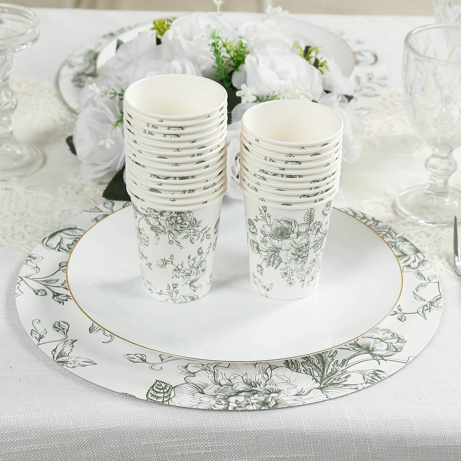 50-Pack Paper Cups in White with Sage Green French Toile Print - Stylish Disposable Floral Party Cups for Weddings & All Purpose Use 9oz - Image 6