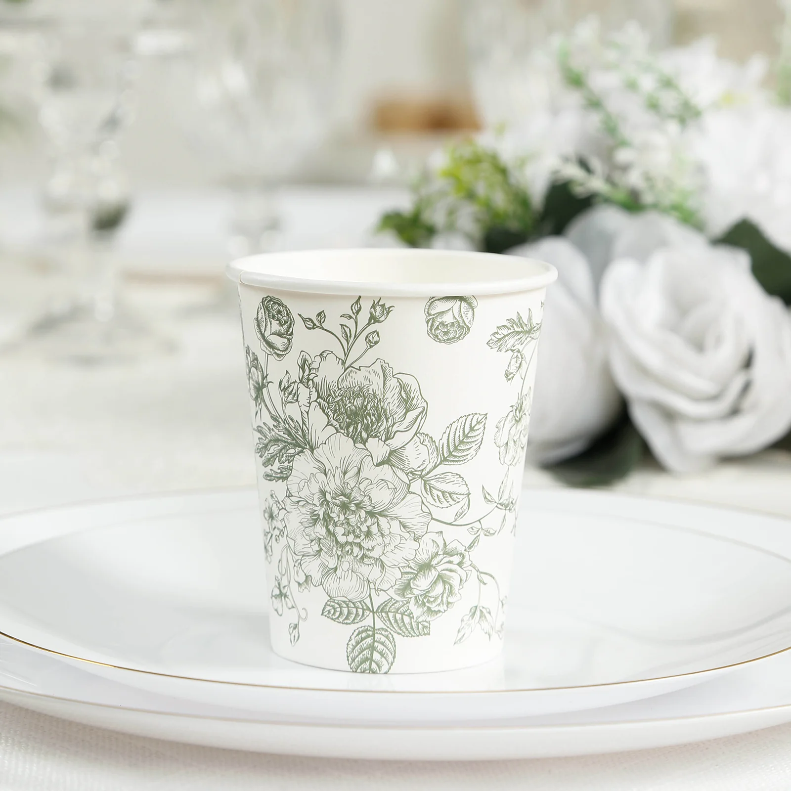 50-Pack Paper Cups in White with Sage Green French Toile Print - Stylish Disposable Floral Party Cups for Weddings & All Purpose Use 9oz - Image 8