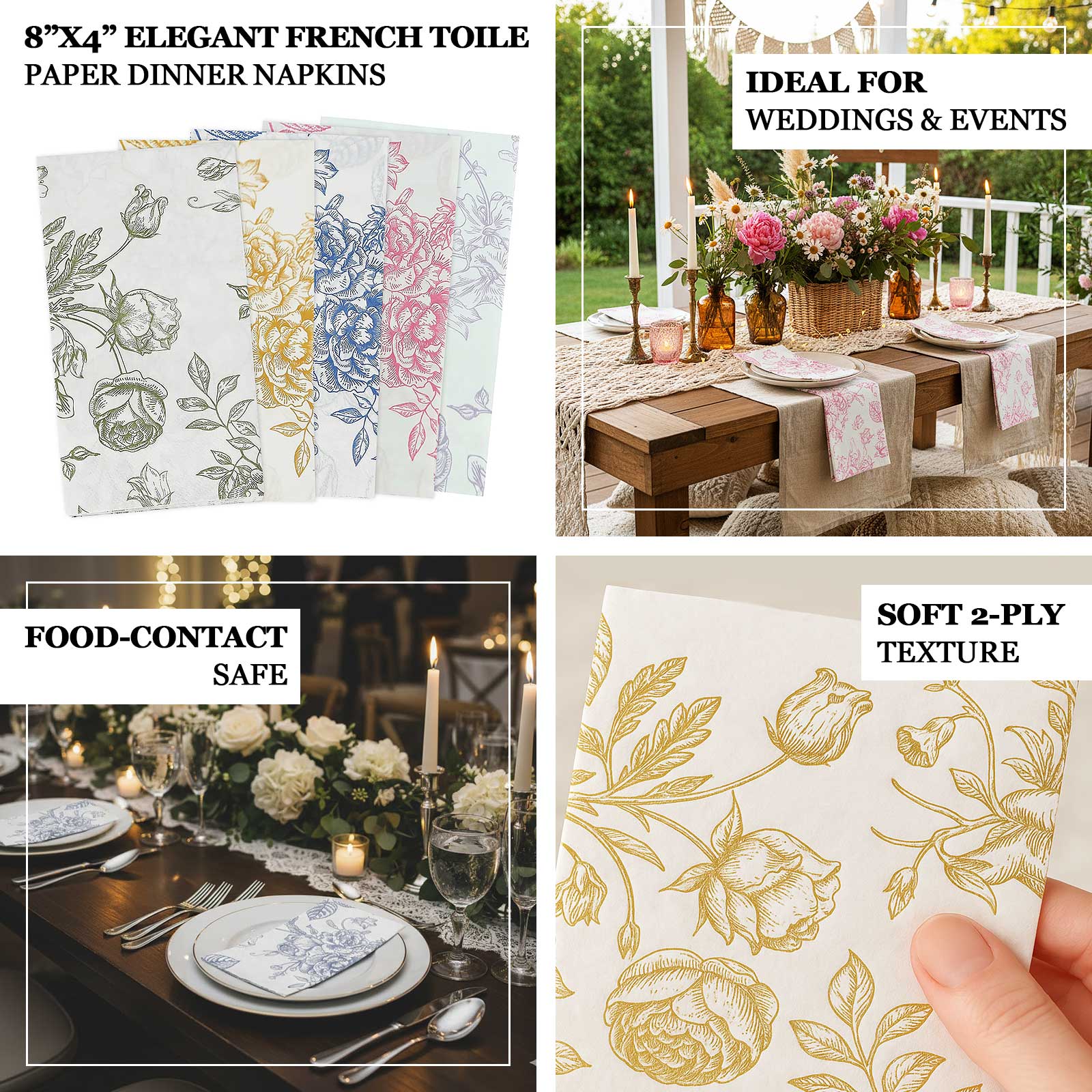 50-Pack Paper Dinner Napkins White with Matte Blue French Toile Floral Pattern 2-Ply - Stylish Disposable Napkins for Events - Image 4
