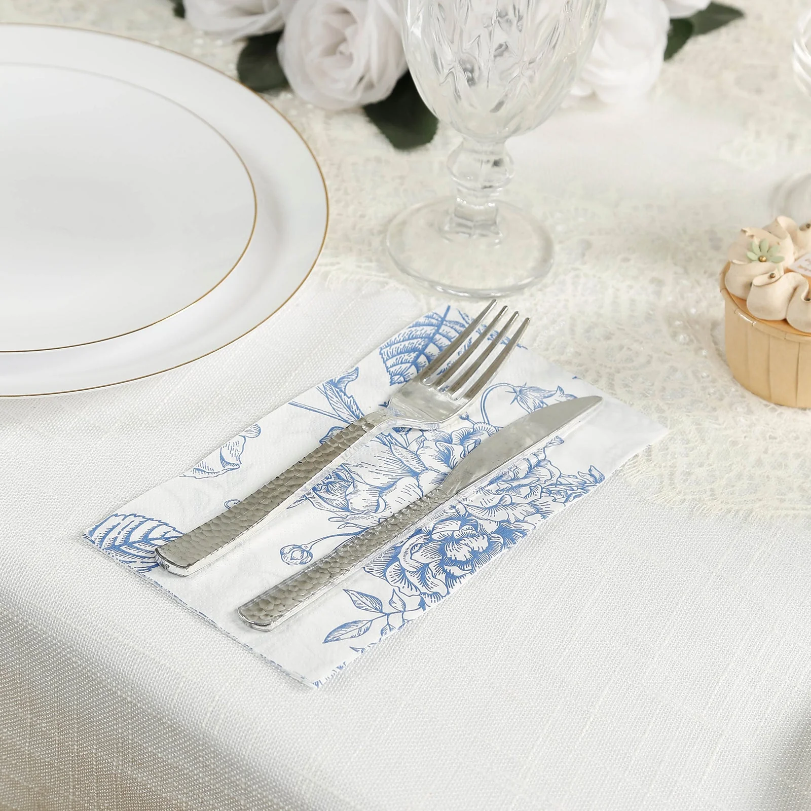 50-Pack Paper Dinner Napkins White with Matte Blue French Toile Floral Pattern 2-Ply - Stylish Disposable Napkins for Events - Image 8