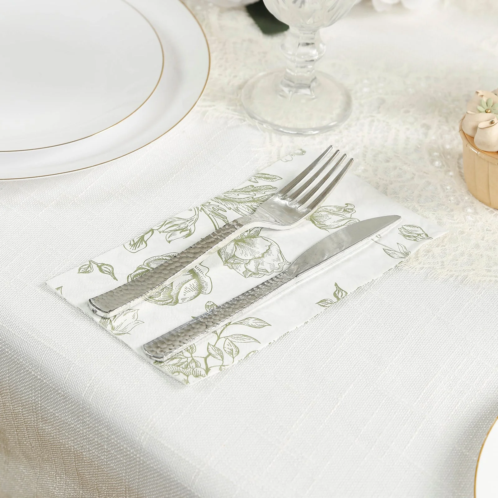 50-Pack Paper Dinner Napkins White with Matte Sage Green French Toile Floral Pattern 2-Ply - Stylish Disposable Napkins for Events - Image 8