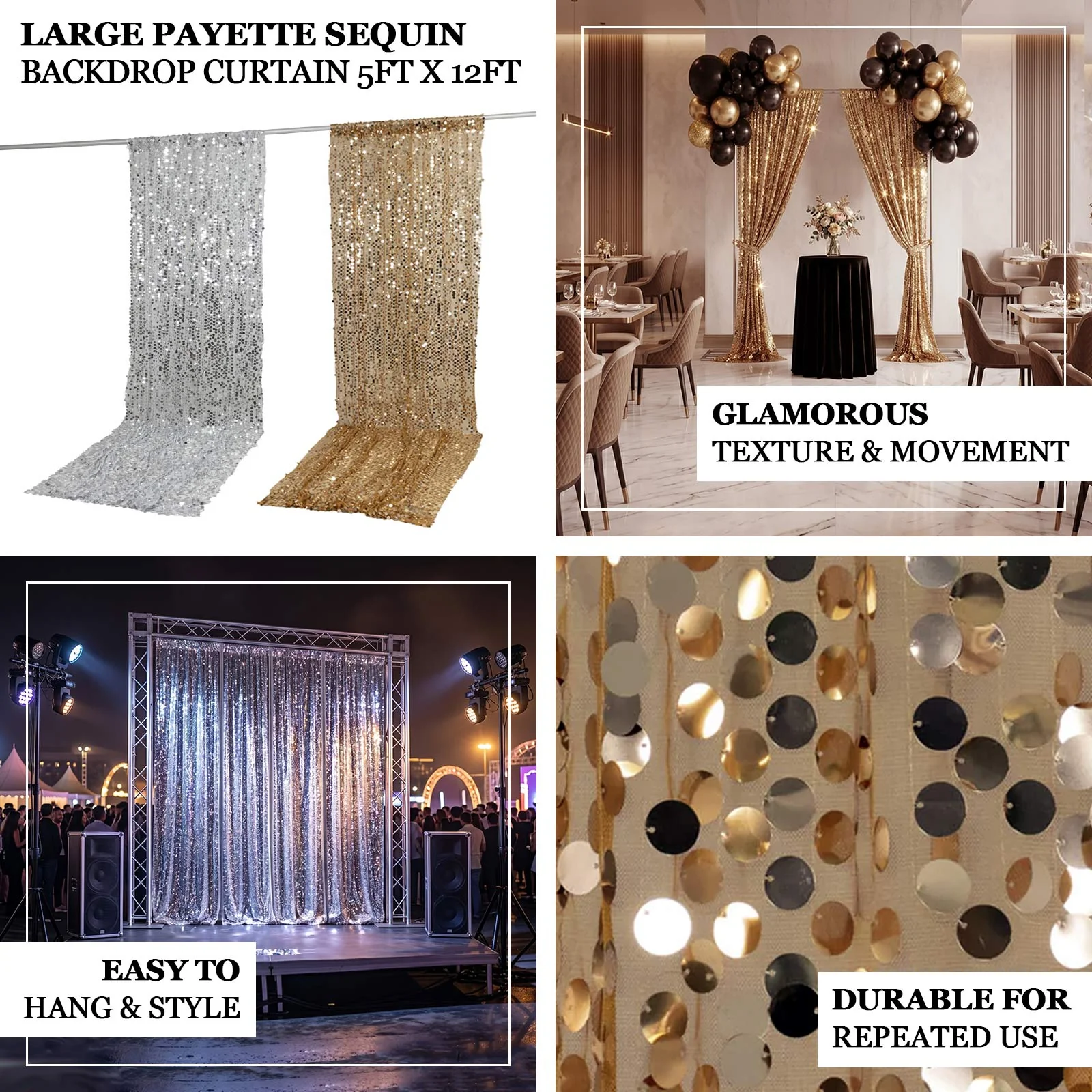 Silver Large Payette Sequin Backdrop Curtain 5ft x 12ft - Big Round Sequin Event Photography Panel with Rod Pocket - Image 4