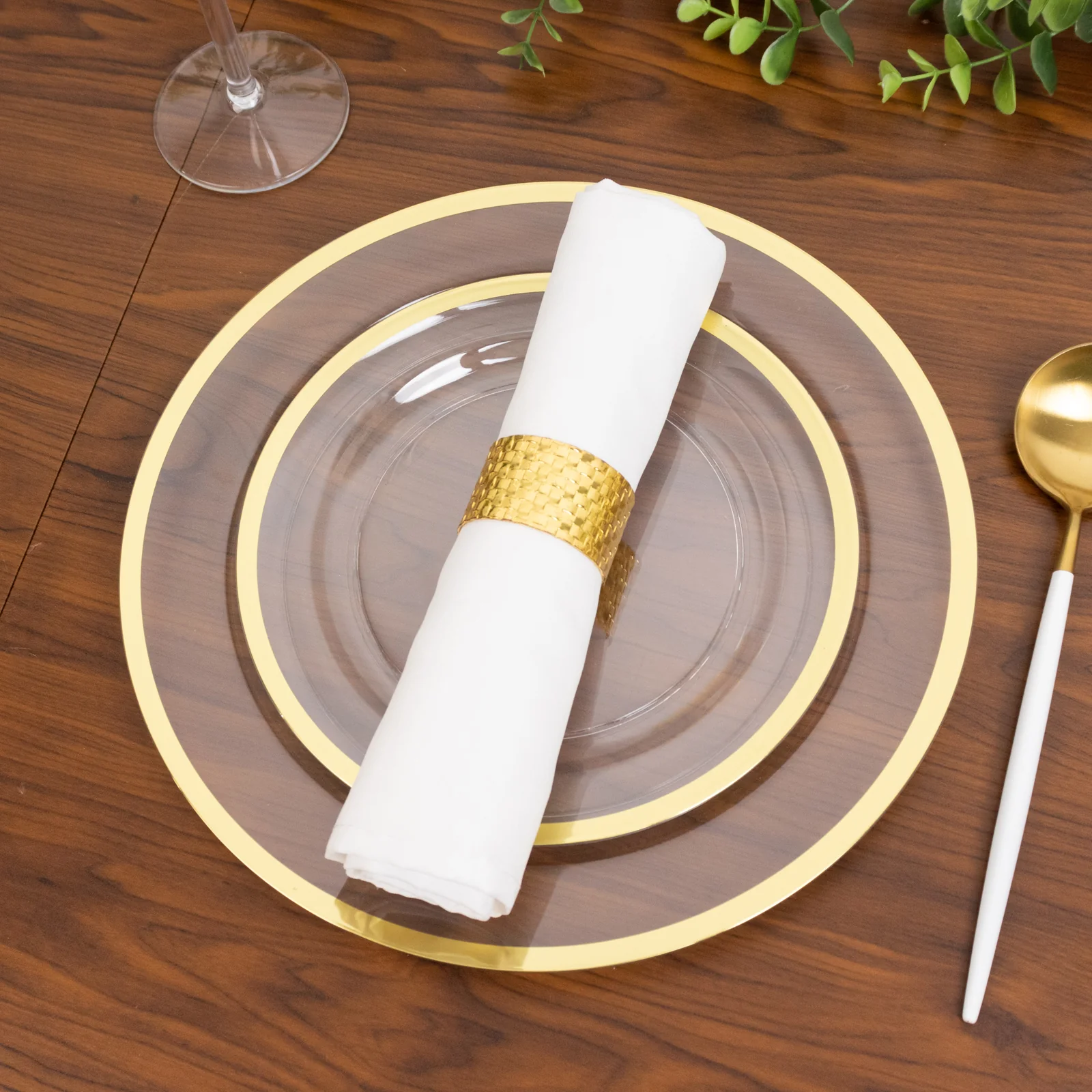 10-Pack Plastic 7" Round Appetizer Plates in Clear with Gold Rim - Sleek Disposable Salad Plates for Banquets & Special Occasions - Image 3