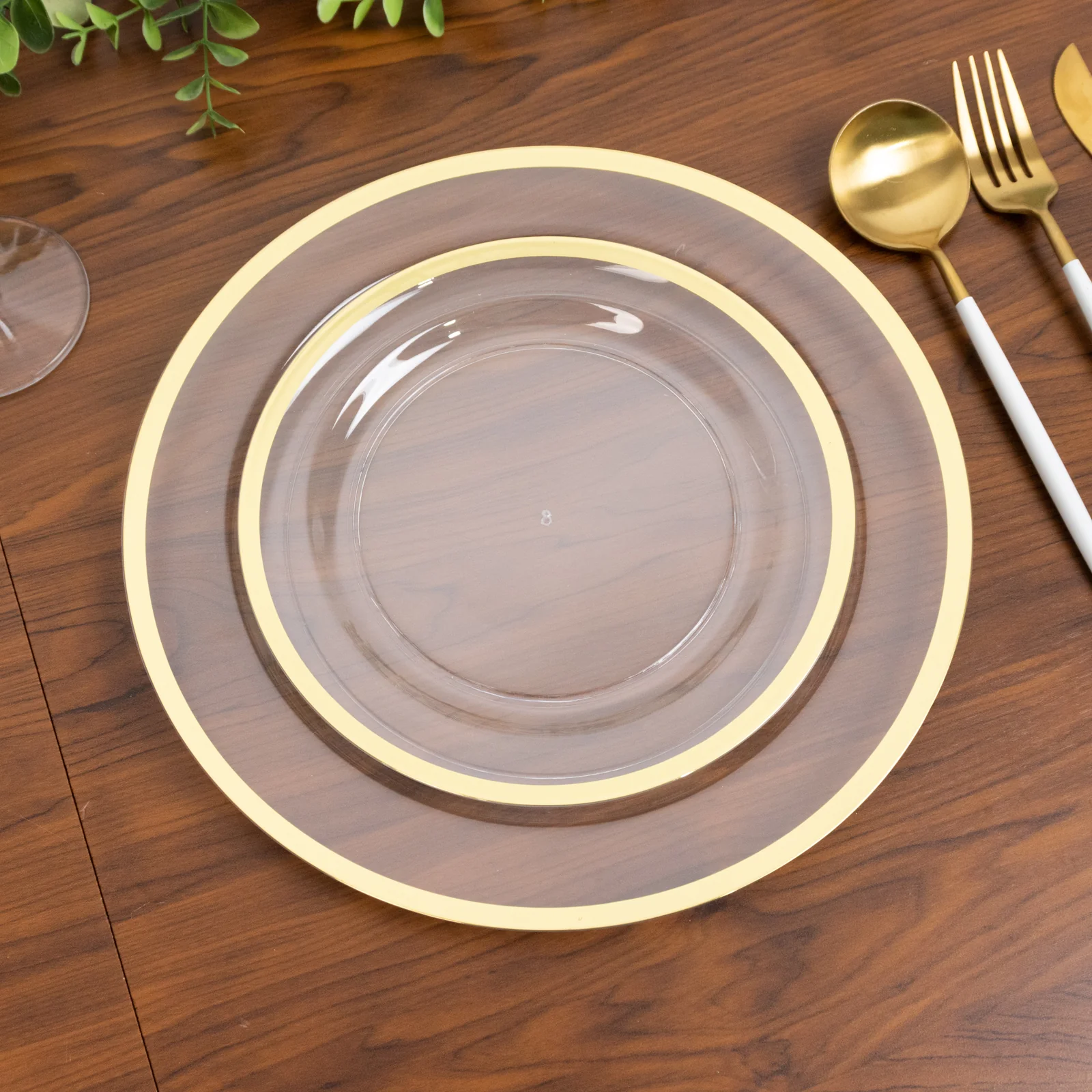 10-Pack Plastic 7" Round Appetizer Plates in Clear with Gold Rim - Sleek Disposable Salad Plates for Banquets & Special Occasions - Image 6
