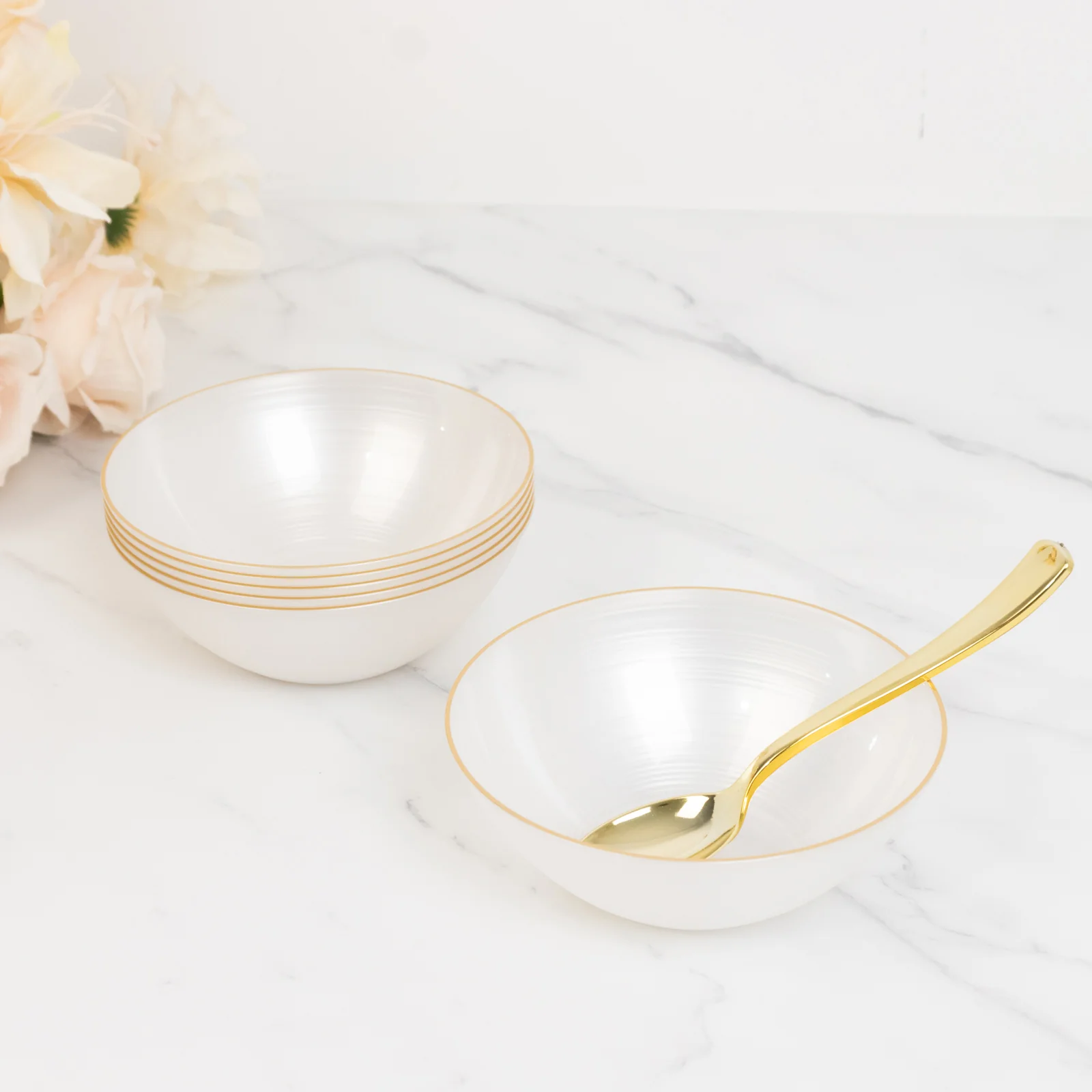 20-Pack 16oz Plastic Bowls – Transparent Pearl White with Gold Rim, Elegant Crystal-Like Swirl Disposable Bowls - Image 6