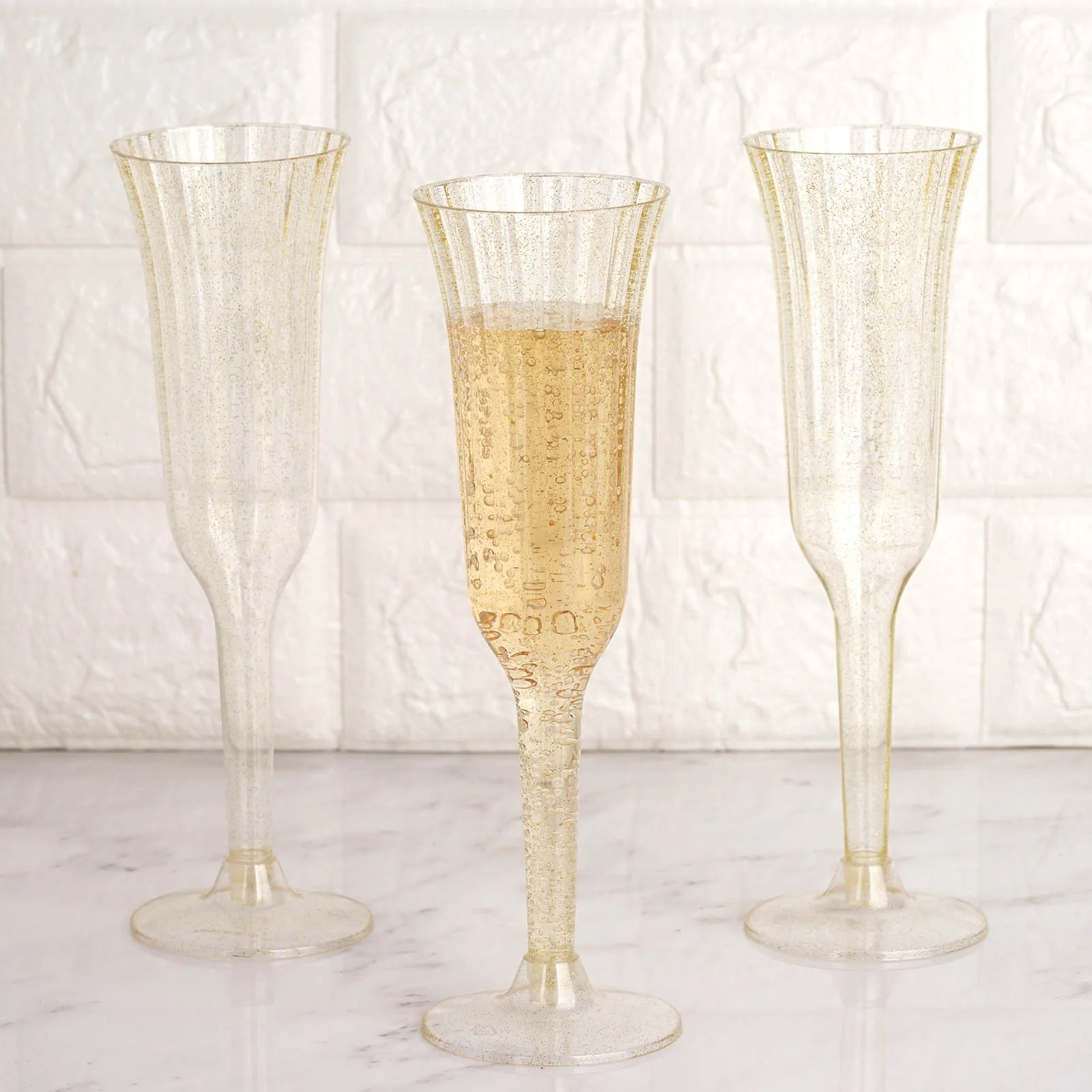 24-Pack Plastic Champagne Flutes Clear Gold Glitter Flared Design - Lightweight Disposable Toasting Glasses 6oz - Image 4