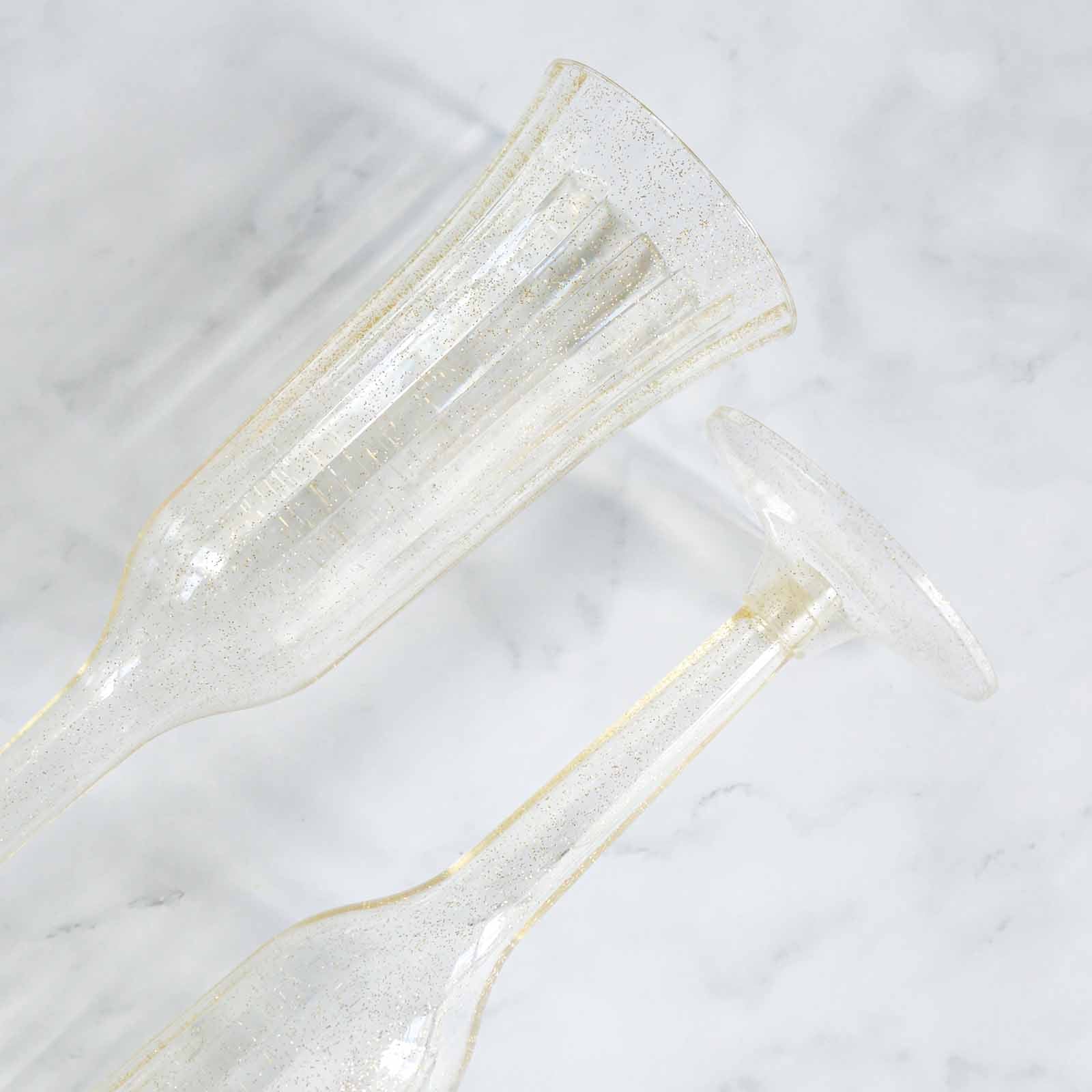 24-Pack Plastic Champagne Flutes Clear Gold Glitter Flared Design - Lightweight Disposable Toasting Glasses 6oz - Image 8