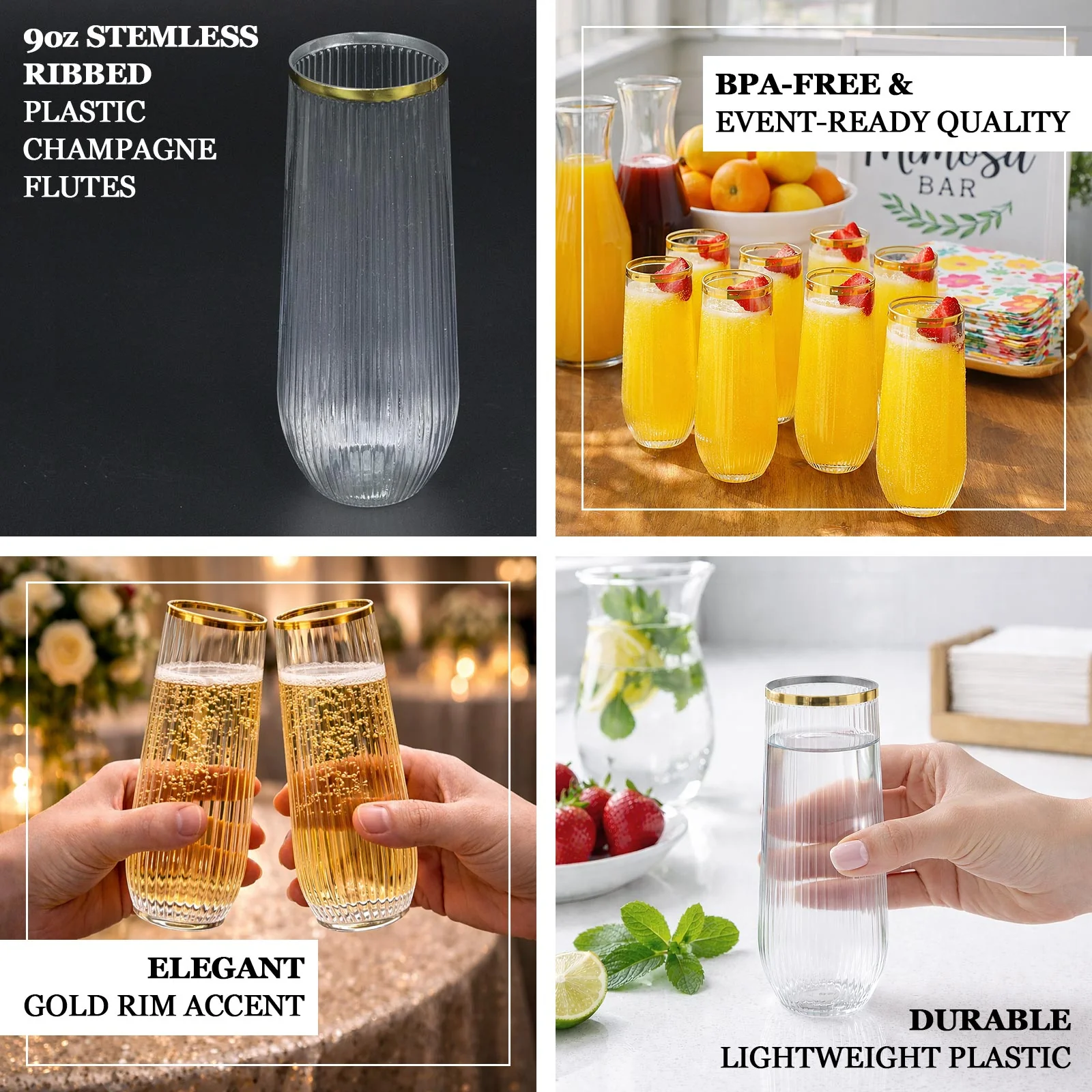 12 Pack 9oz Stemless Plastic Champagne Flutes – Clear with Gold Rim – Ribbed Reusable Lightweight Disposable Toasting Glasses - Image 4