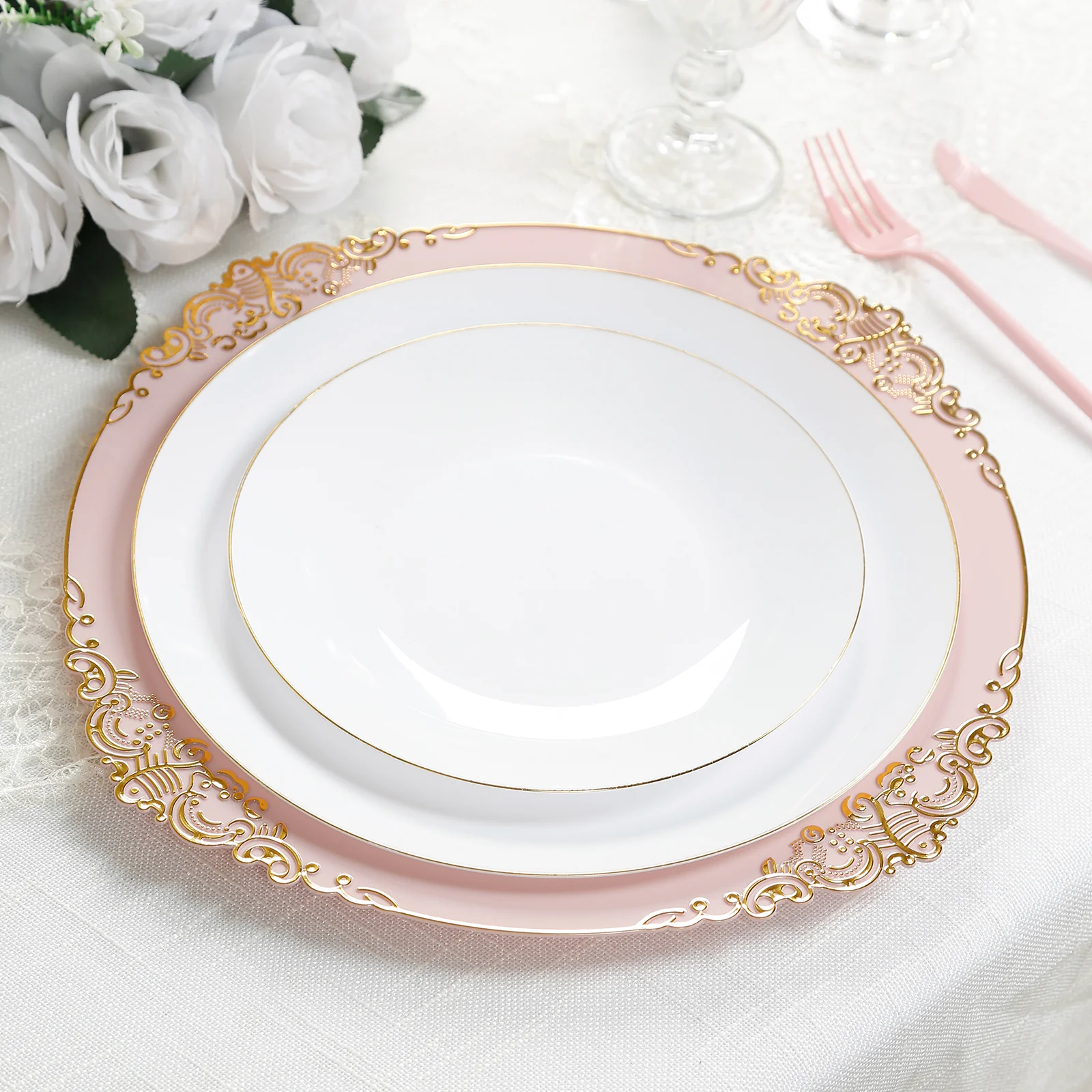 20-Pack Economy Plastic Round Charger Plates 13" in Blush with Gold Embossed Baroque Rim, Stylish Dinner Party Serving Plates - Image 5