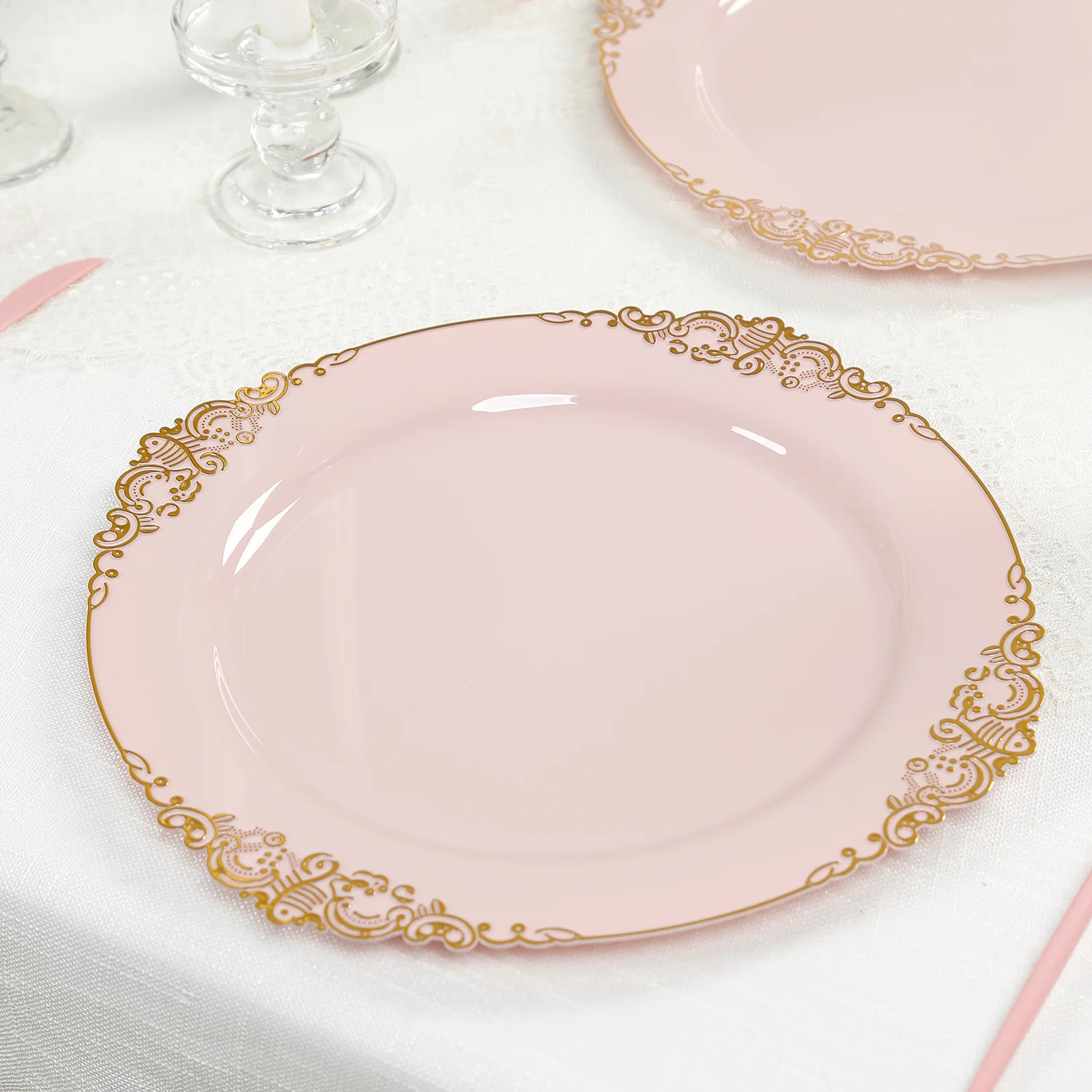 20-Pack Economy Plastic Round Charger Plates 13" in Blush with Gold Embossed Baroque Rim, Stylish Dinner Party Serving Plates - Image 7