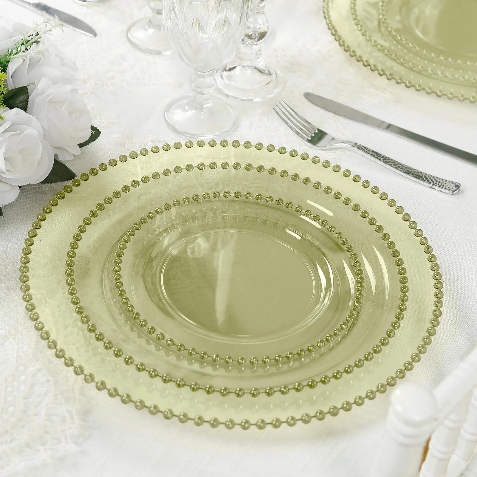 10-Pack Economy Round Plastic Charger Plates 13" in Transparent Dusty Sage Green with Beaded Rim, Stylish Dinner Party Serving Plates - Image 9