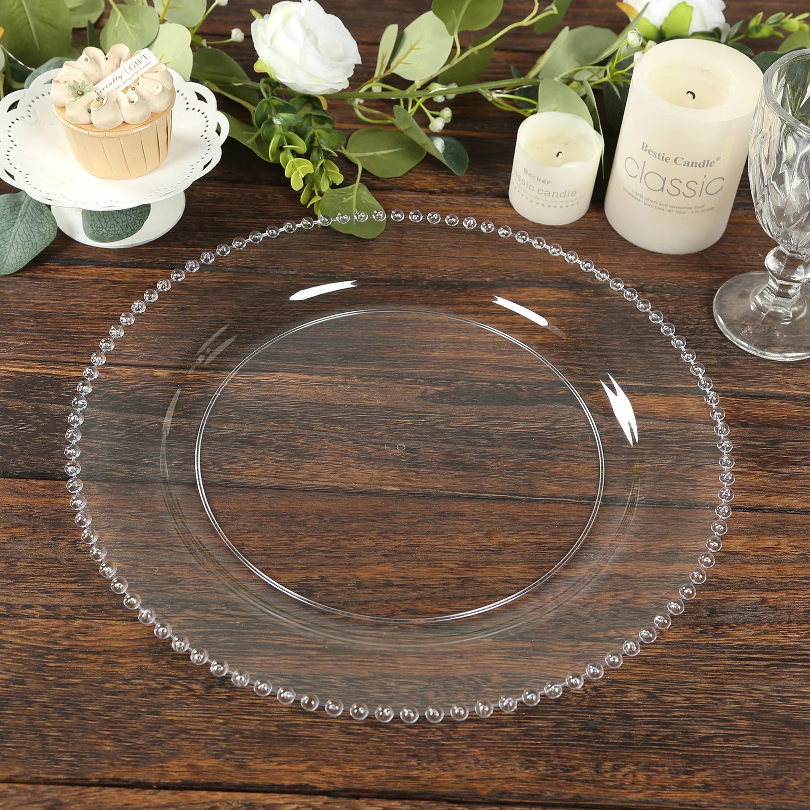 10-Pack Economy Round Plastic Charger Plates 13" in Clear Beaded Rim, Stylish Dinner Party Serving Plates - Image 7