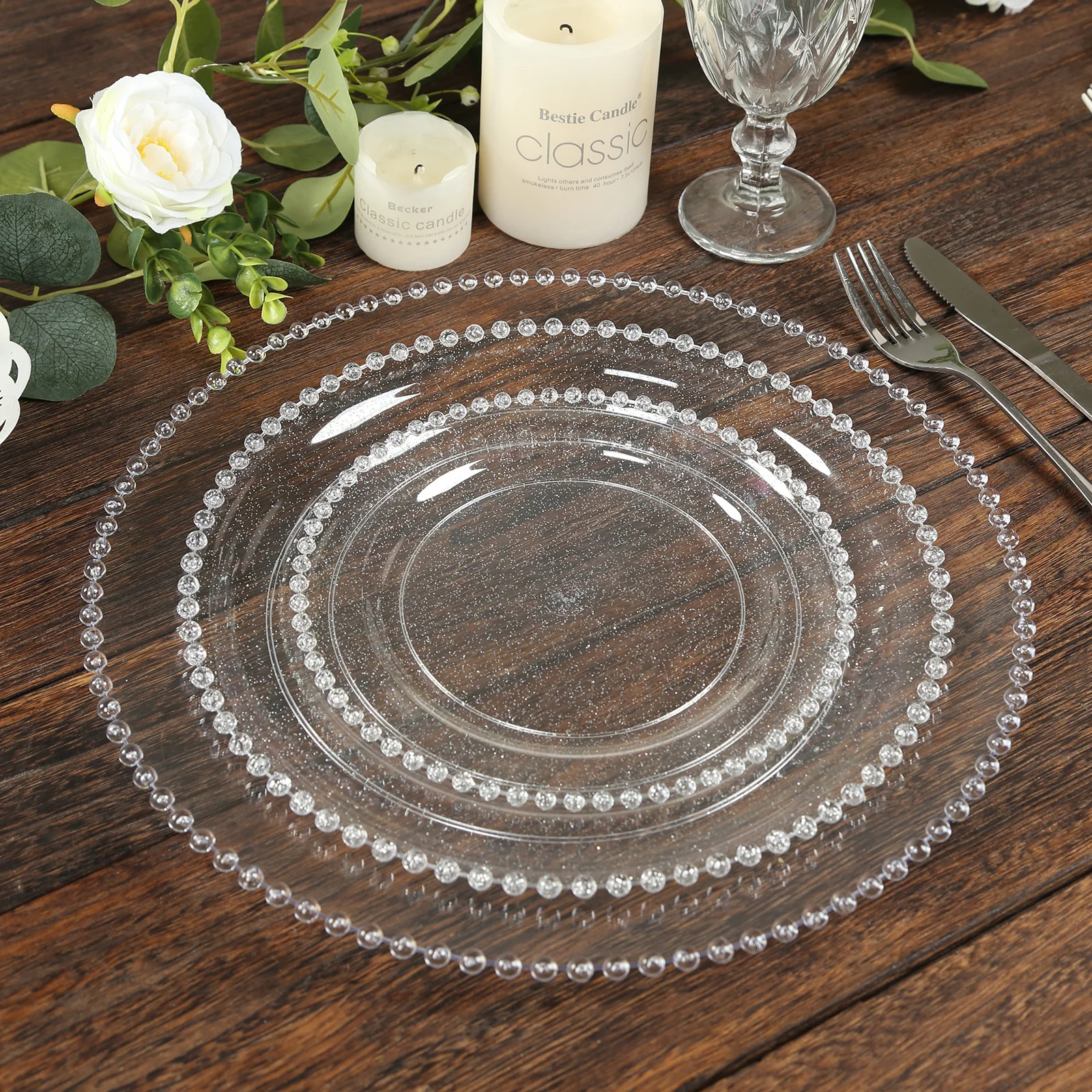 10-Pack Economy Round Plastic Charger Plates 13" in Clear Beaded Rim, Stylish Dinner Party Serving Plates - Image 8