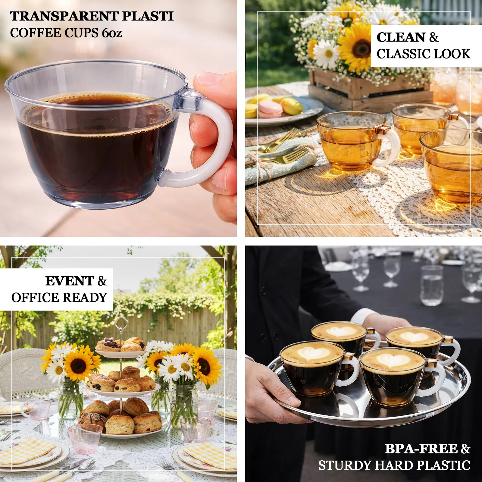 25-Pack Disposable Plastic Coffee Cups with Handles - 6oz Clear Hard Tea Mugs for Hot Beverages - Image 4
